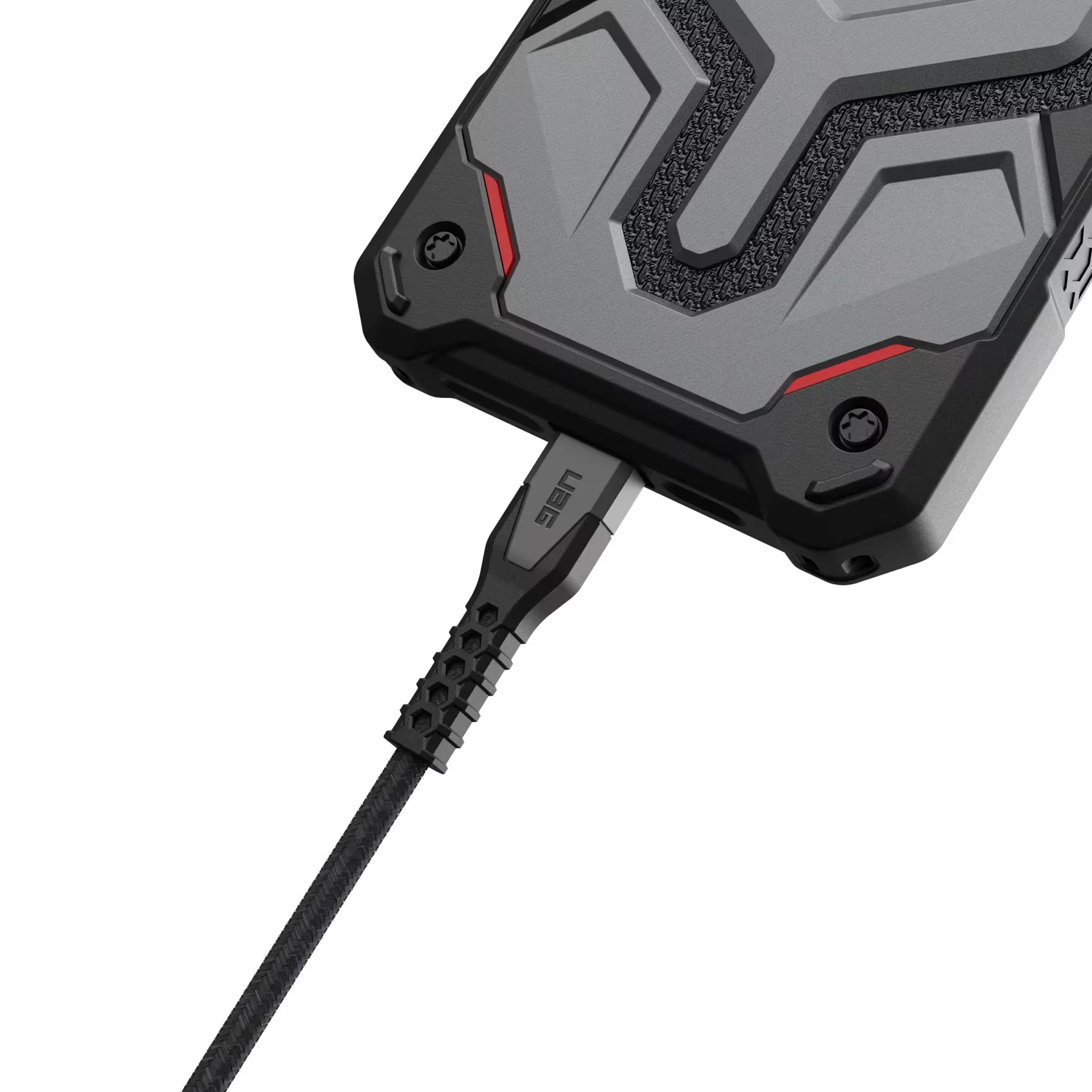 Czarny, przewodowy kabel USB z tkaniną i czerwonymi akcentami do akcesoriów biurowych