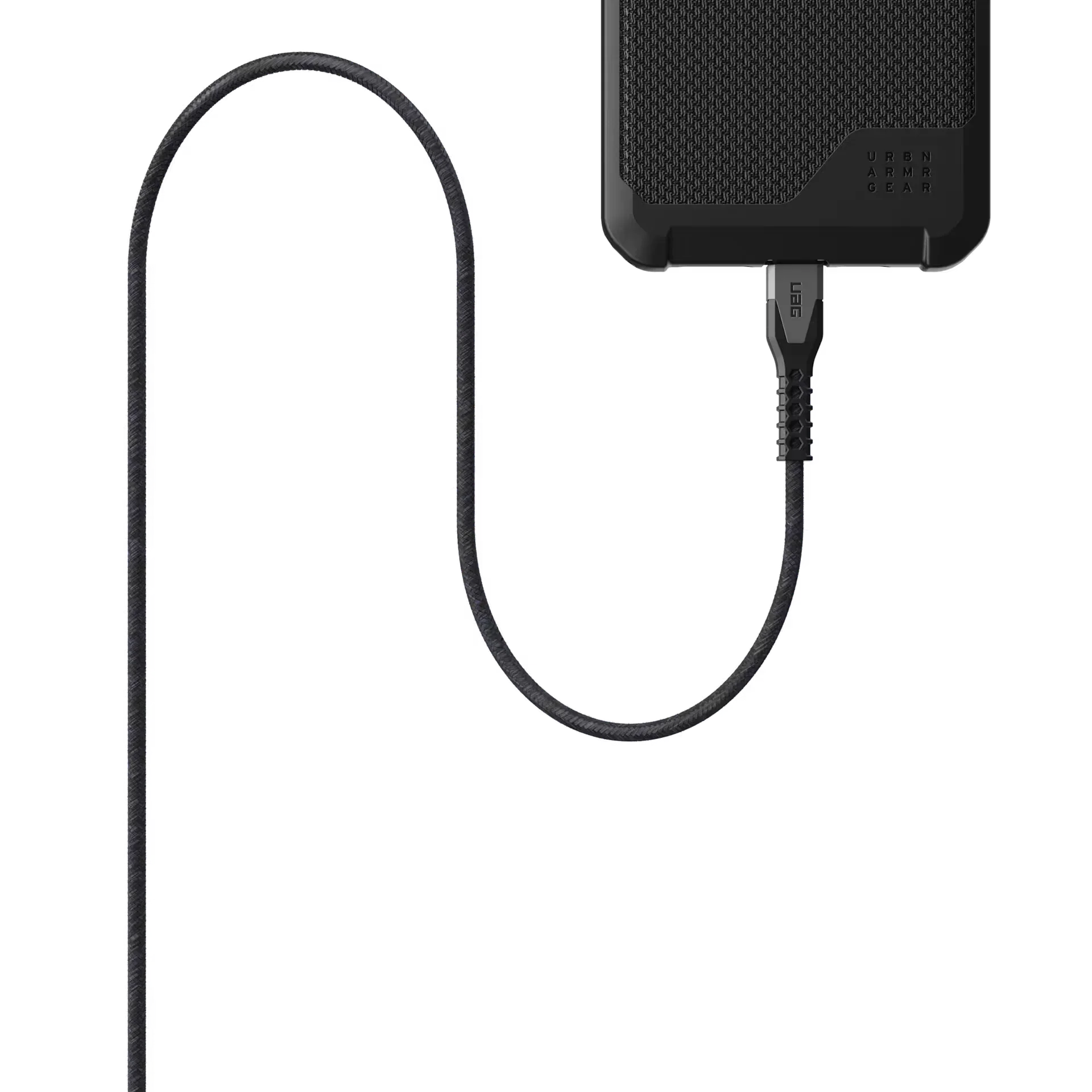 Czarny, tkaninowy kabel USB-C do ładowarki URBAN ARMOR GEAR, idealny dla desk setupu i home office