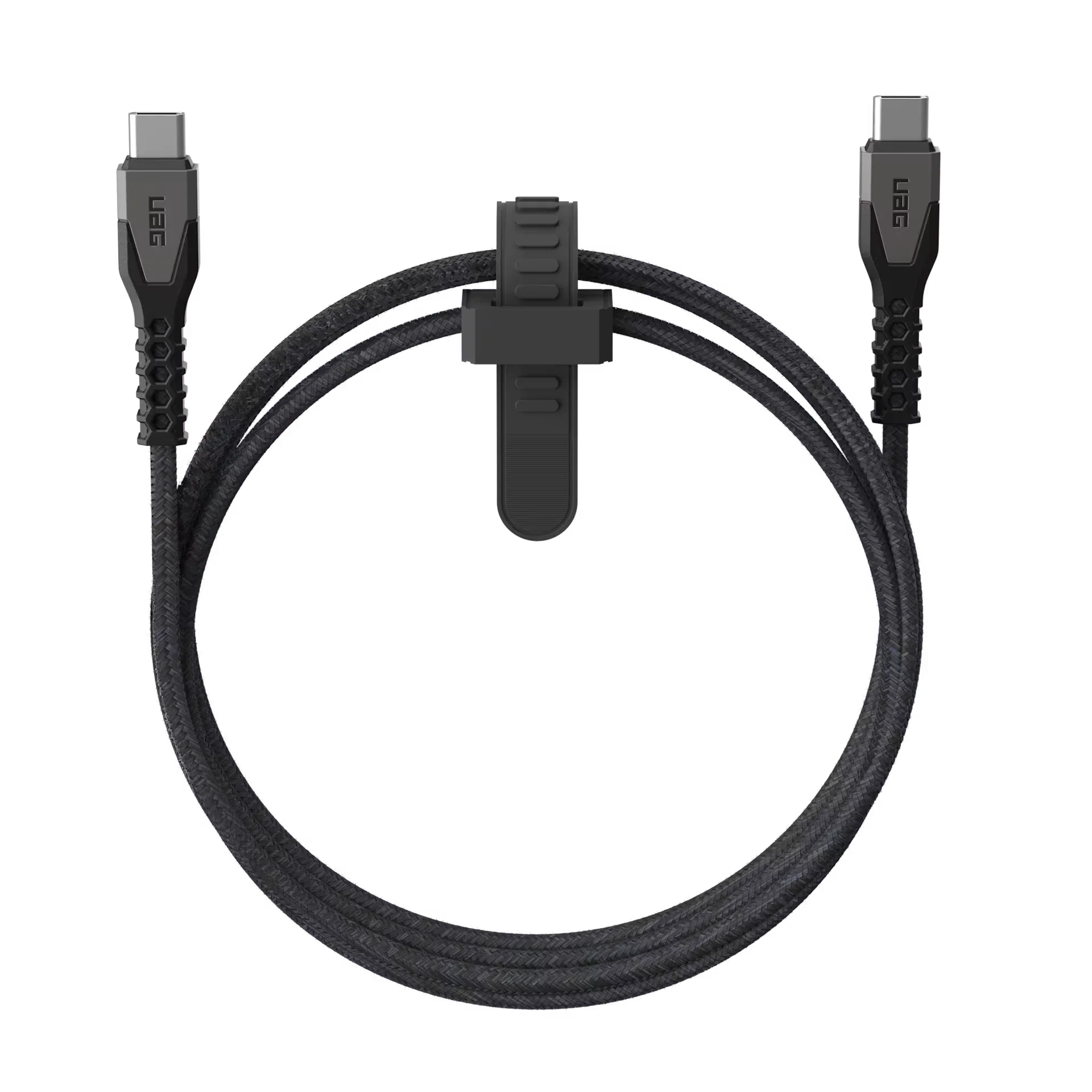 Czarny, pleciony kabel USB-C do USB-C z uchwytem, idealny do ładowania i synchronizacji urządzeń w Home Office.