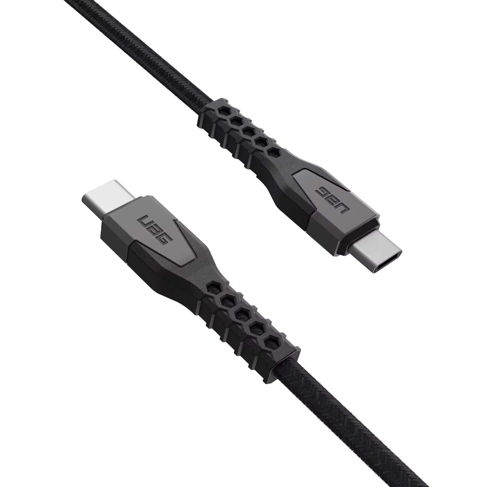 Czarny, tkaninowy kabel USB-C z wzmocnionymi końcówkami i wzorem sześciokątów, idealny do ładowania i synchronizacji urządzeń w Home Office.