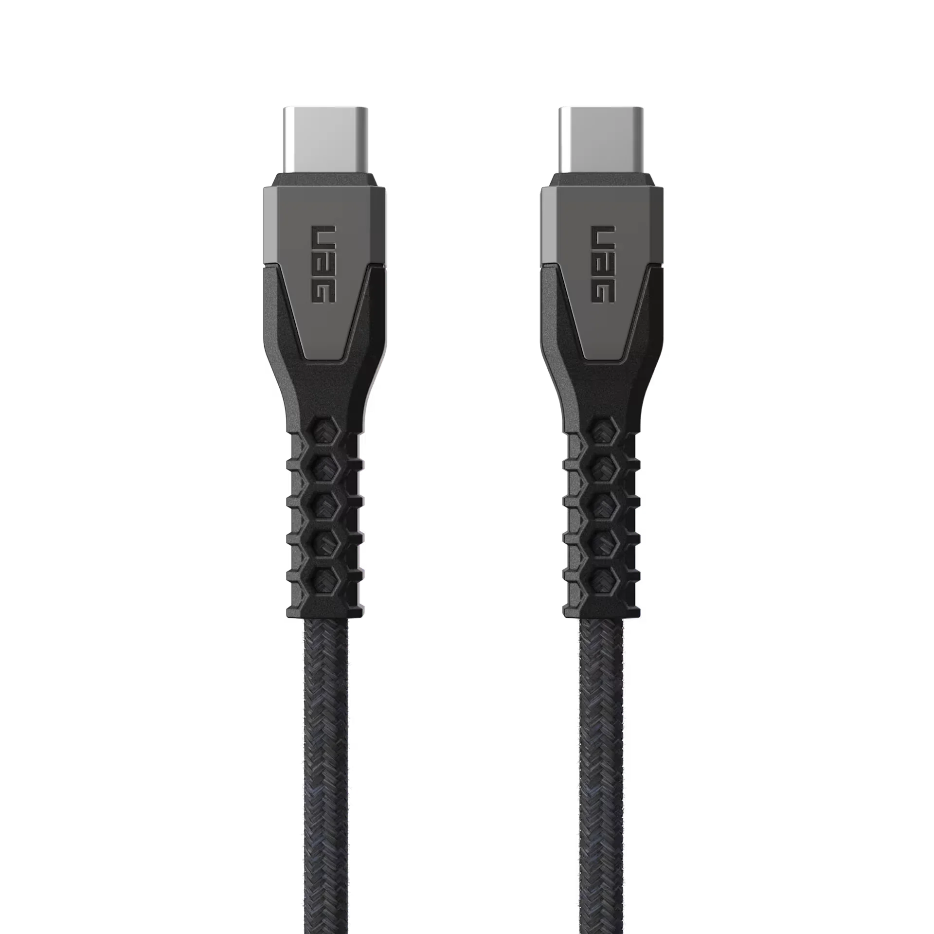Czarny, tkaninowy kabel USB-C z wzmocnionymi końcówkami do ładowania i synchronizacji urządzeń w Home Office