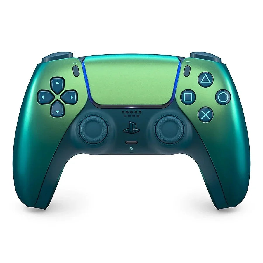 Zielony kontroler PlayStation 5 z gradientem, idealny do gier i rozrywki w domowym biurze