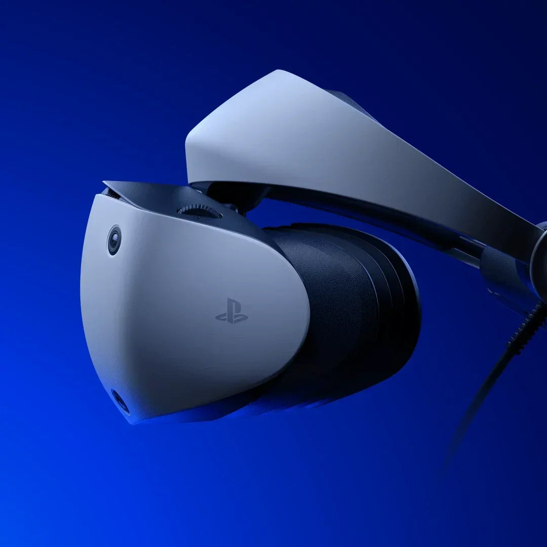 Biała konsola VR z logo PlayStation na niebieskim tle, idealna do gier wirtualnej rzeczywistości