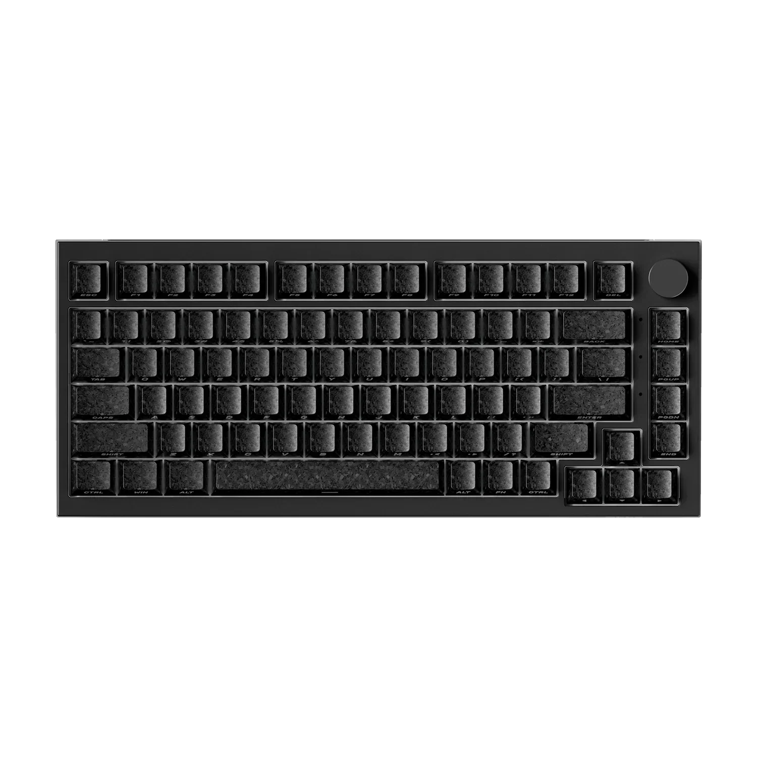 Czarna klawiatura mechaniczna z personalizowanymi keycapami i przyciskiem rotacyjnym, idealna do home office