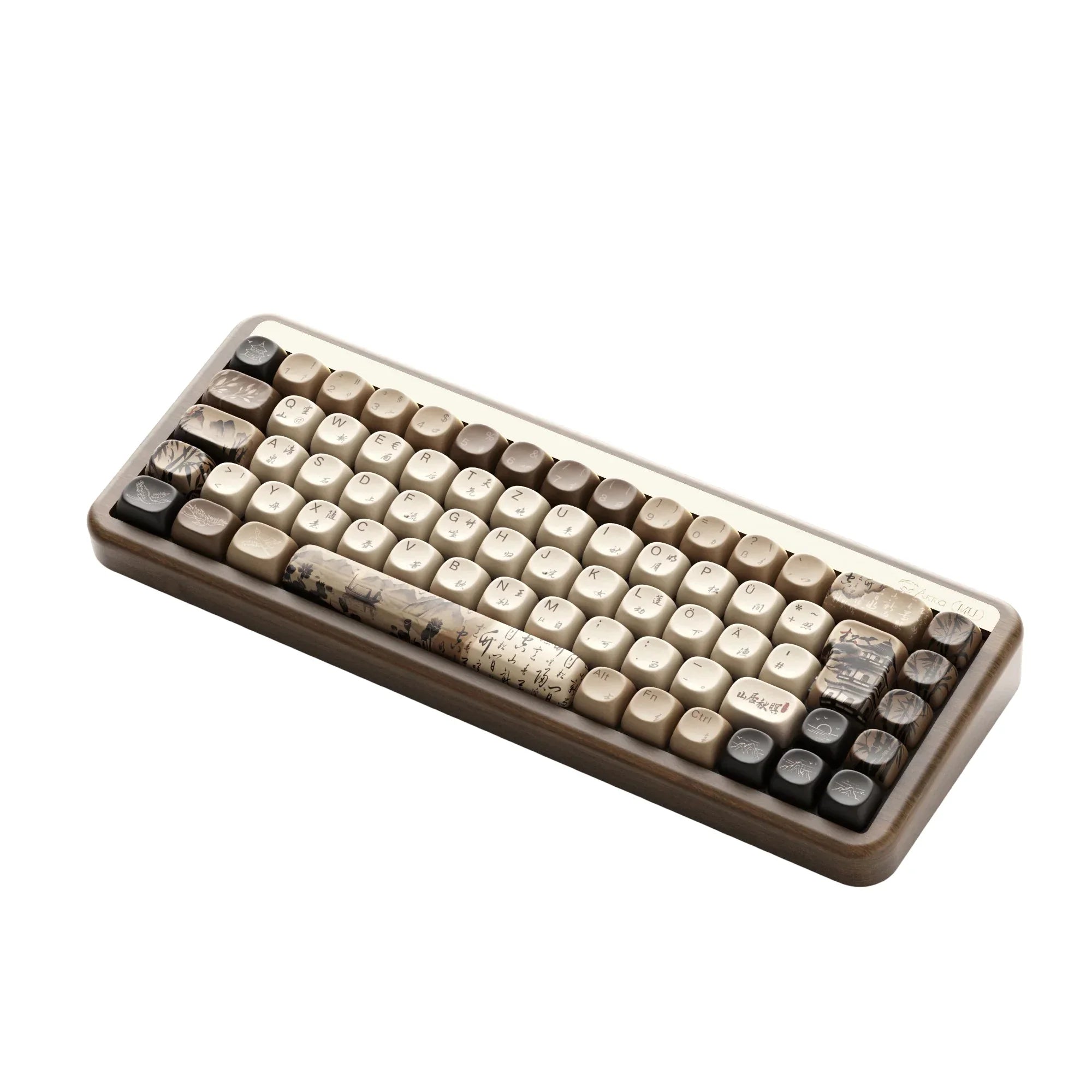 Mechaniczna klawiatura z artystycznymi keycapami w stylu azjatyckim, idealna do home office i personalizacji desk setupu