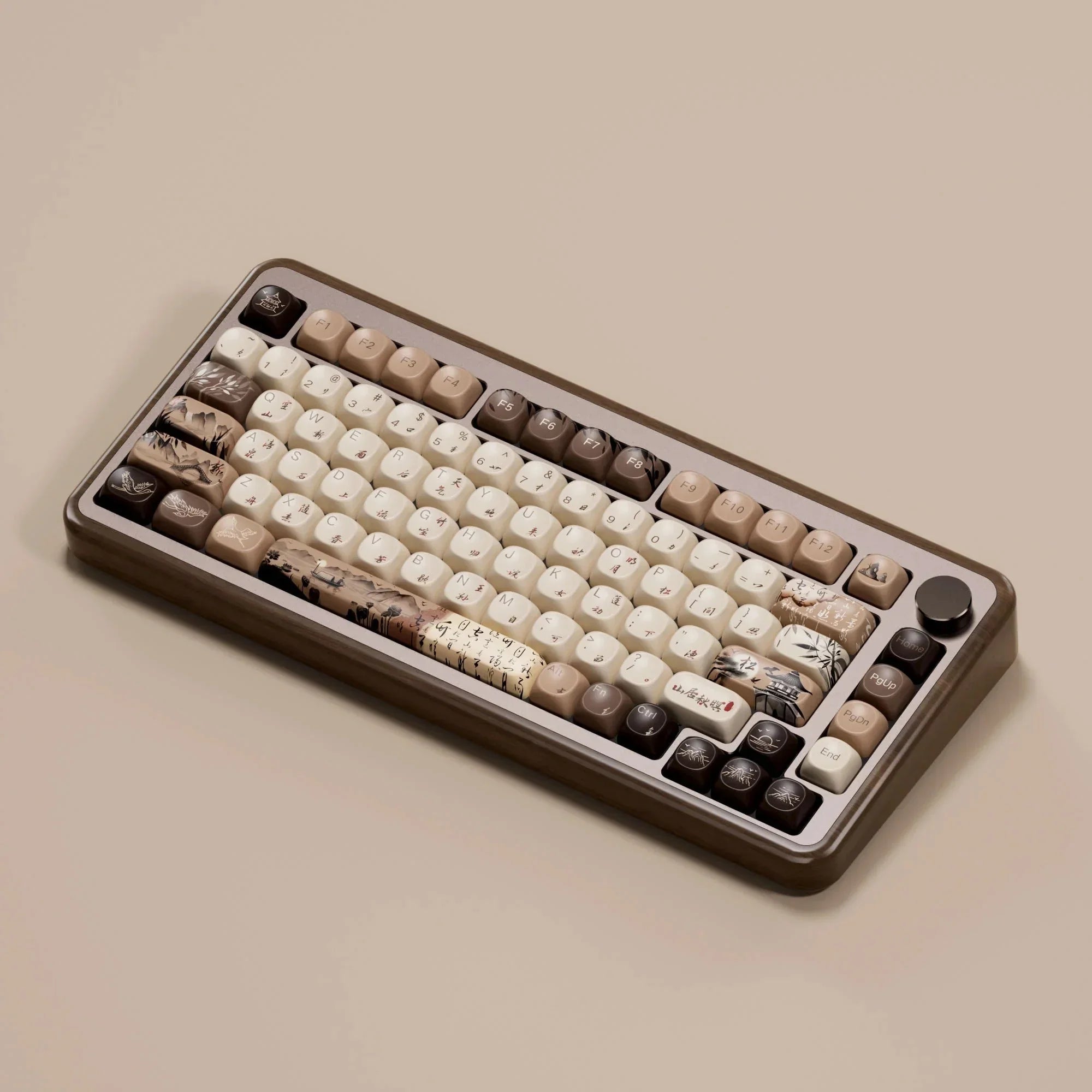 Mechaniczna klawiatura z artystycznymi keycapami w stylu azjatyckim, idealna do home office i personalizacji desk setupu.