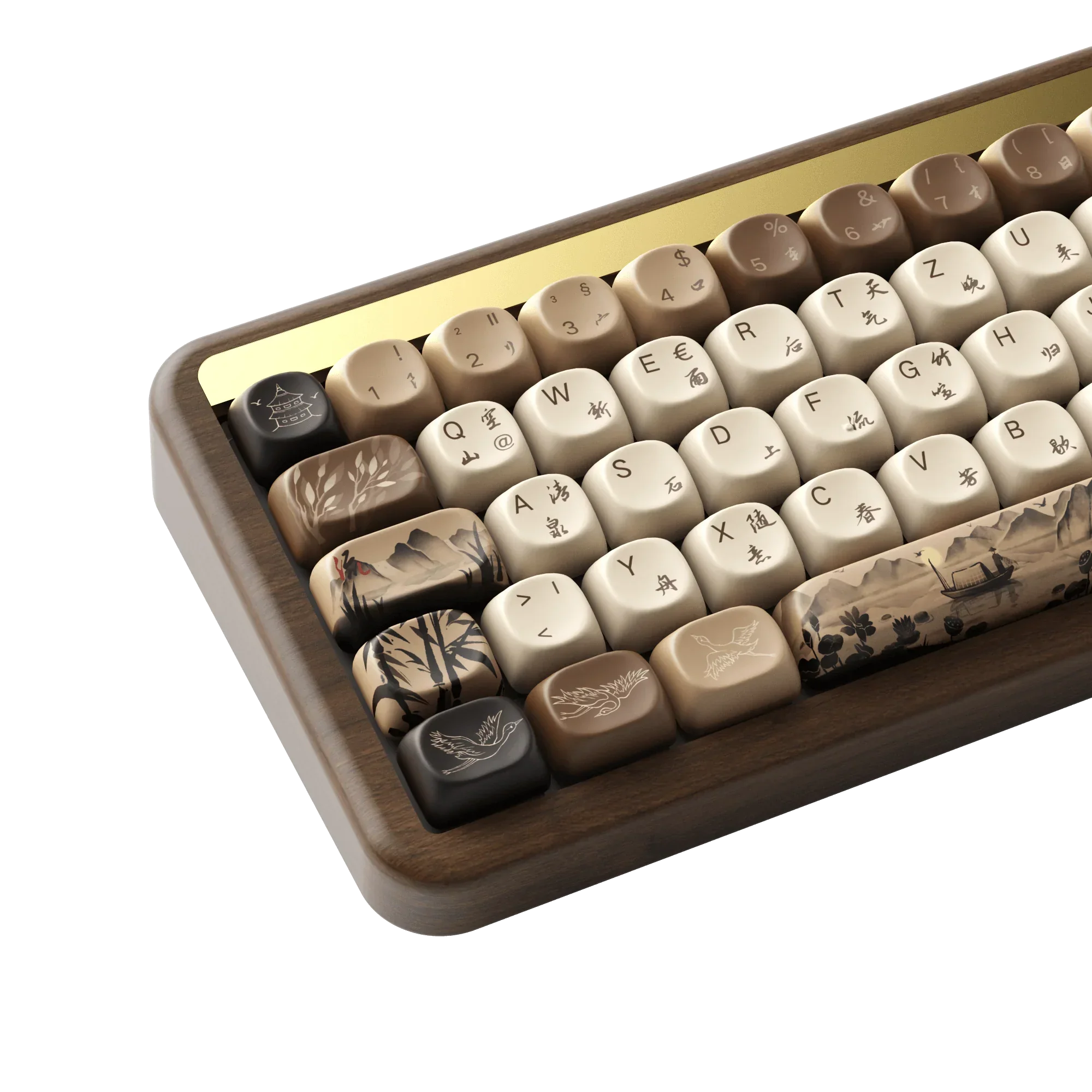Mechaniczna klawiatura z artystycznymi keycapami w stylu azjatyckim, idealna do home office i personalizacji desk setupu.