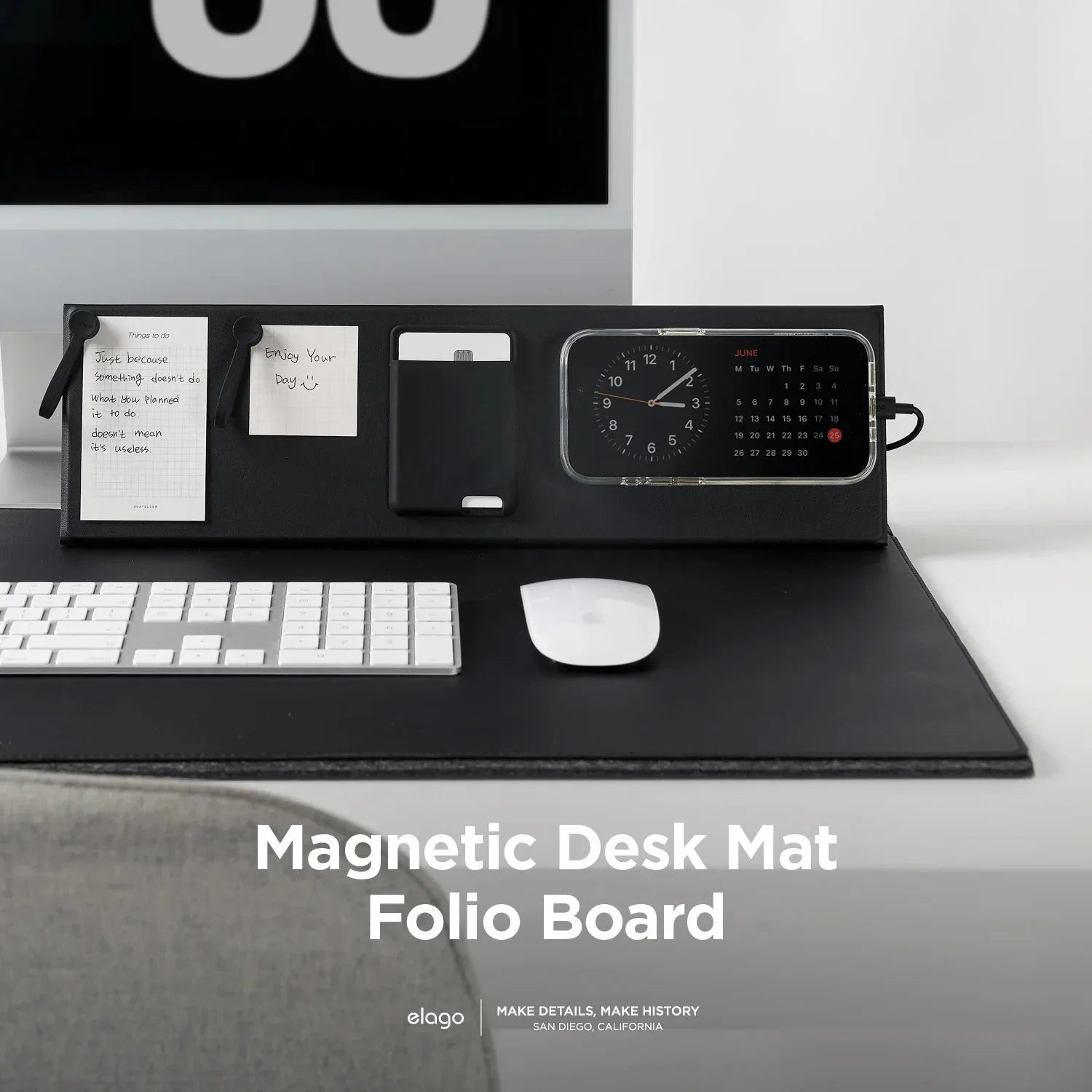 Czarna magnetyczna mata biurkowa z tablicą Folio, klawiaturą i myszką – idealny setup biurowy