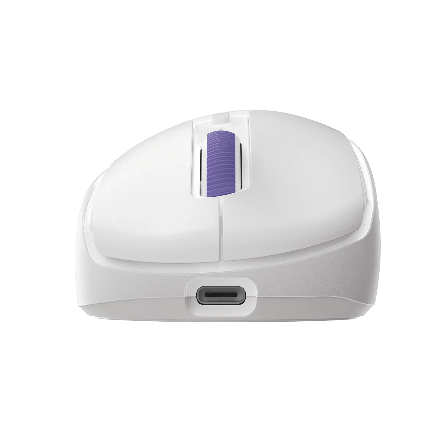 Biała mysz komputerowa z fioletowym przewijaczem i portem USB-C, idealna do home office