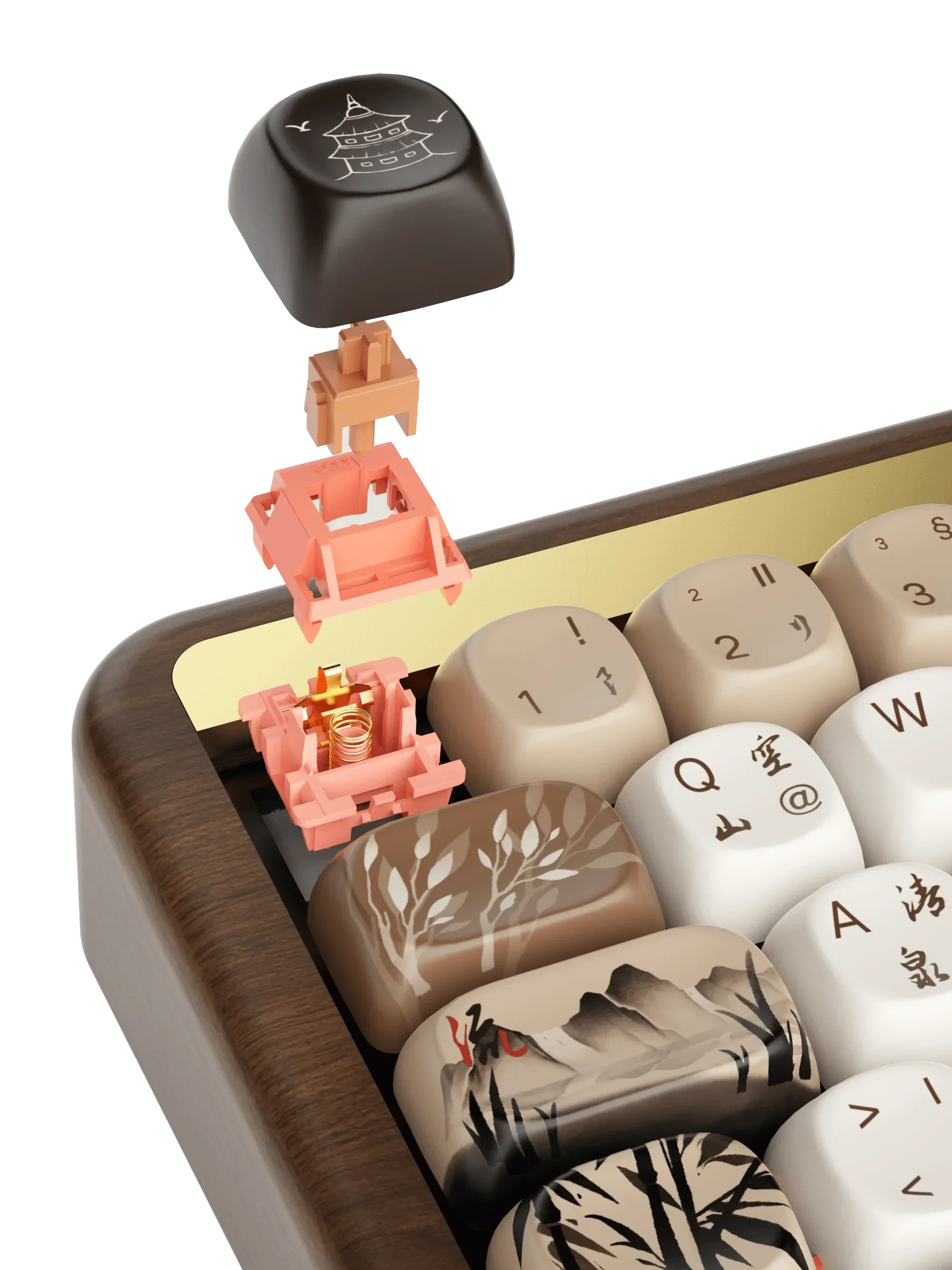 Mechaniczna klawiatura z artystycznymi keycapami i widocznym switchem, idealna do personalizacji desk setupu.