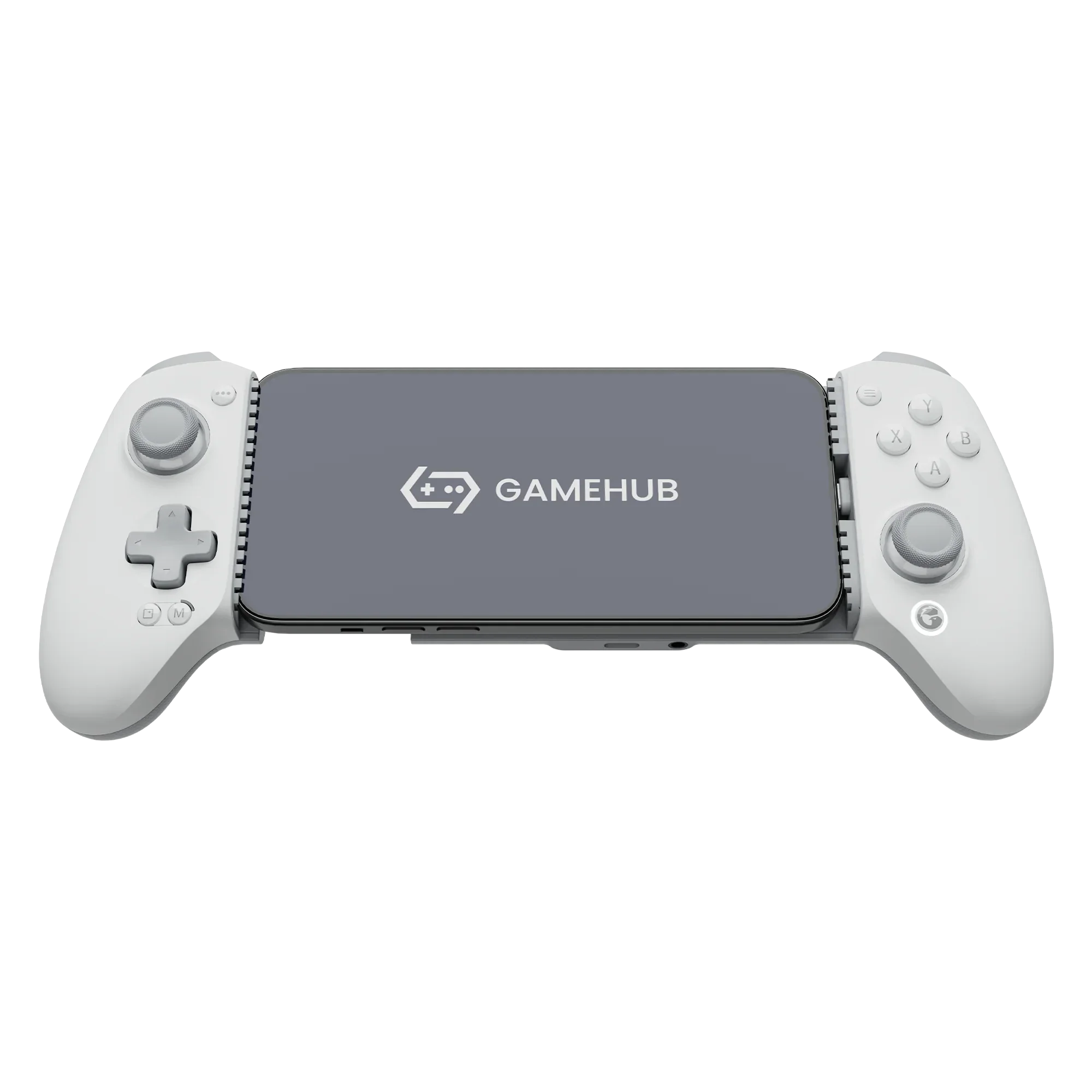 Biały kontroler GameHub z przyciskami i dżojstikami do gier mobilnych