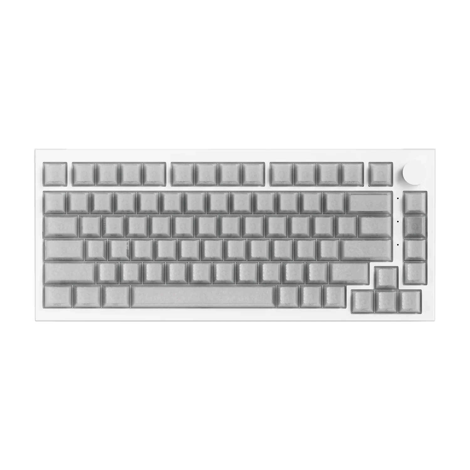 Biała klawiatura mechaniczna z szarymi keycapami, idealna do home office i personalizacji desk setupu.