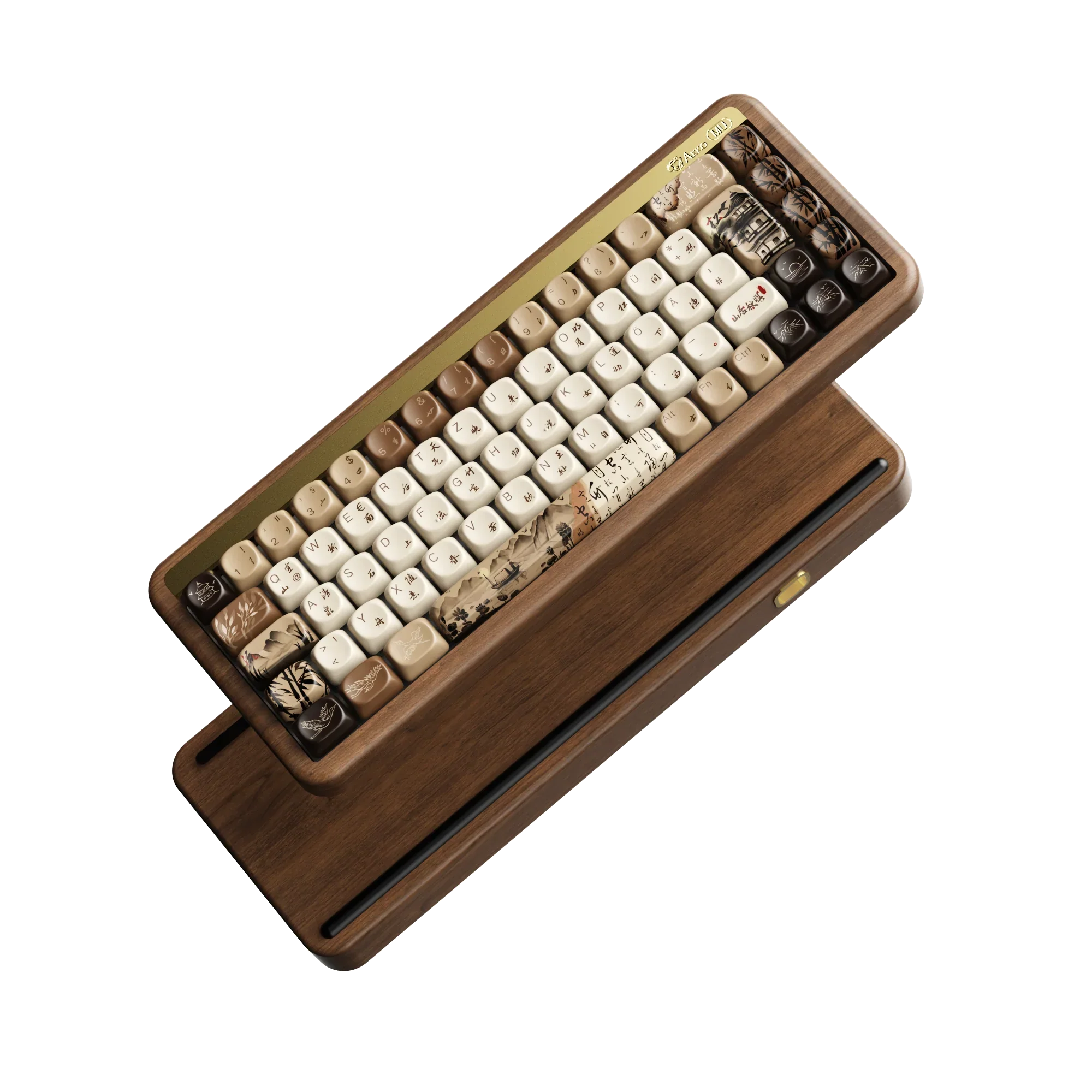 Mechaniczna klawiatura z drewnianym obudowaniem i artystycznymi keycapami do stylowego desk setupu