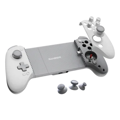 Biały kontroler gier GameSir z wymiennymi joystickami i przyciskami, idealny do gamingu mobilnego