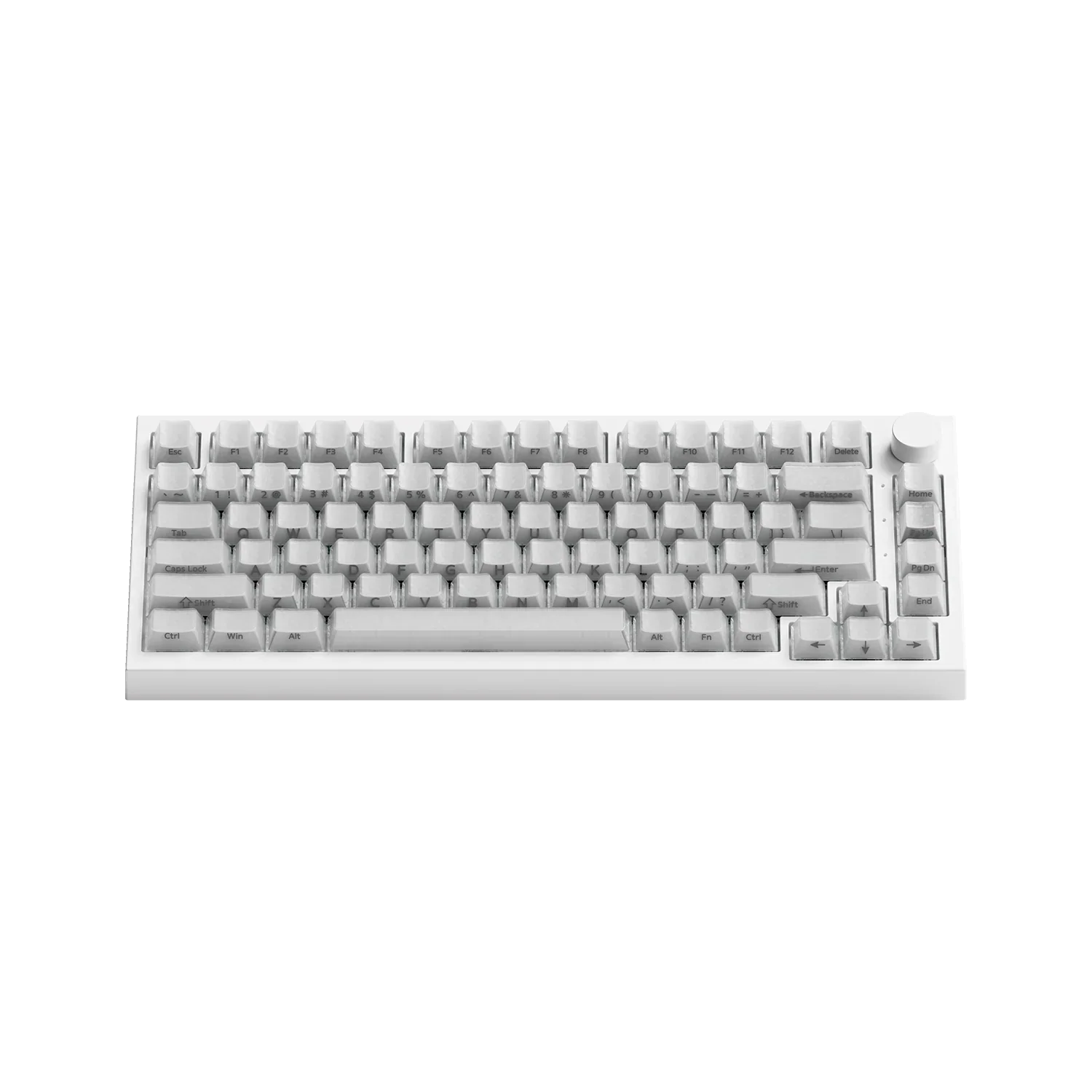 Biała klawiatura mechaniczna z przyciskiem głośności, idealna do home office i personalizacji desk setupu