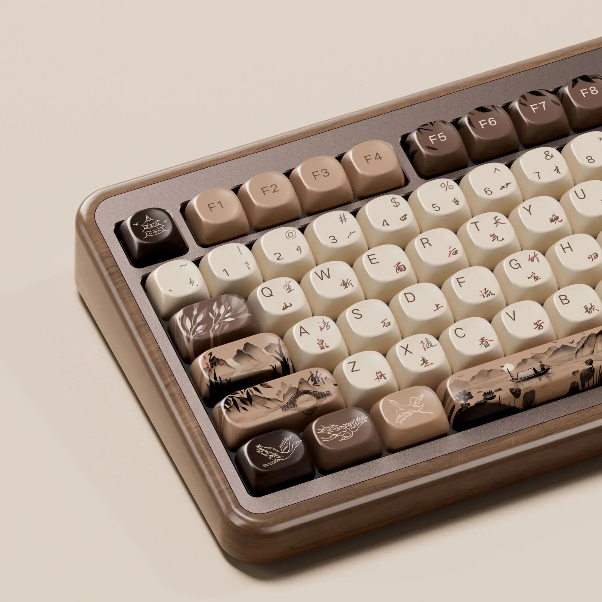 Mechaniczna klawiatura z artystycznymi keycapami w stylu azjatyckim, idealna do home office i personalizacji desk setupu