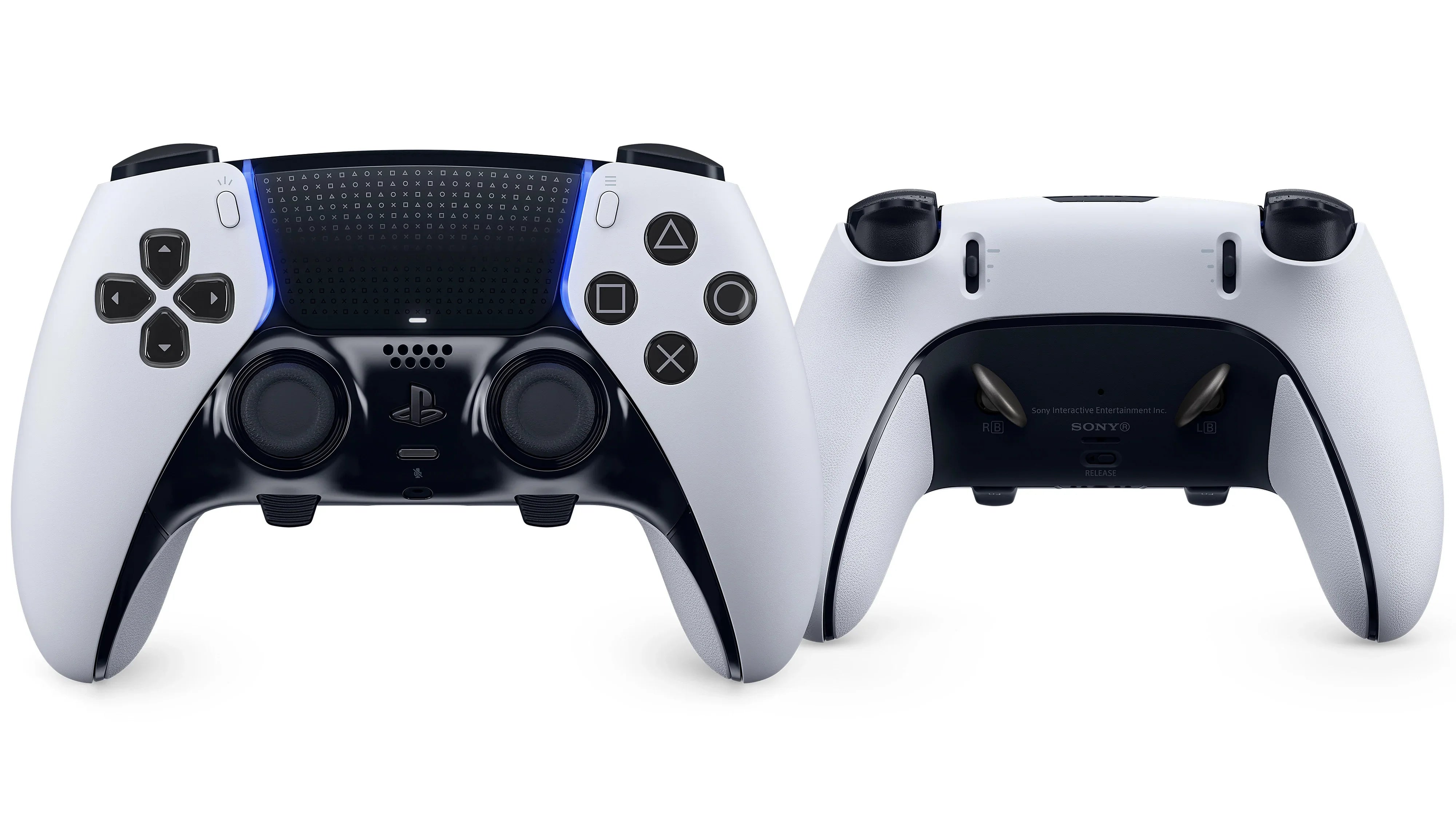 Biało-czarny kontroler PlayStation 5 DualSense z niebieskim podświetleniem i widokiem od tyłu