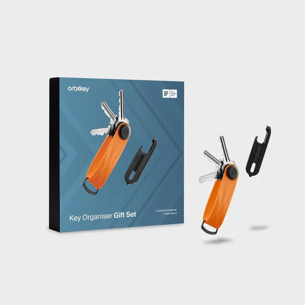 Orange Orbitkey Key Organiser Gift Set z multi-tool, idealny do organizacji kluczy w biurze domowym