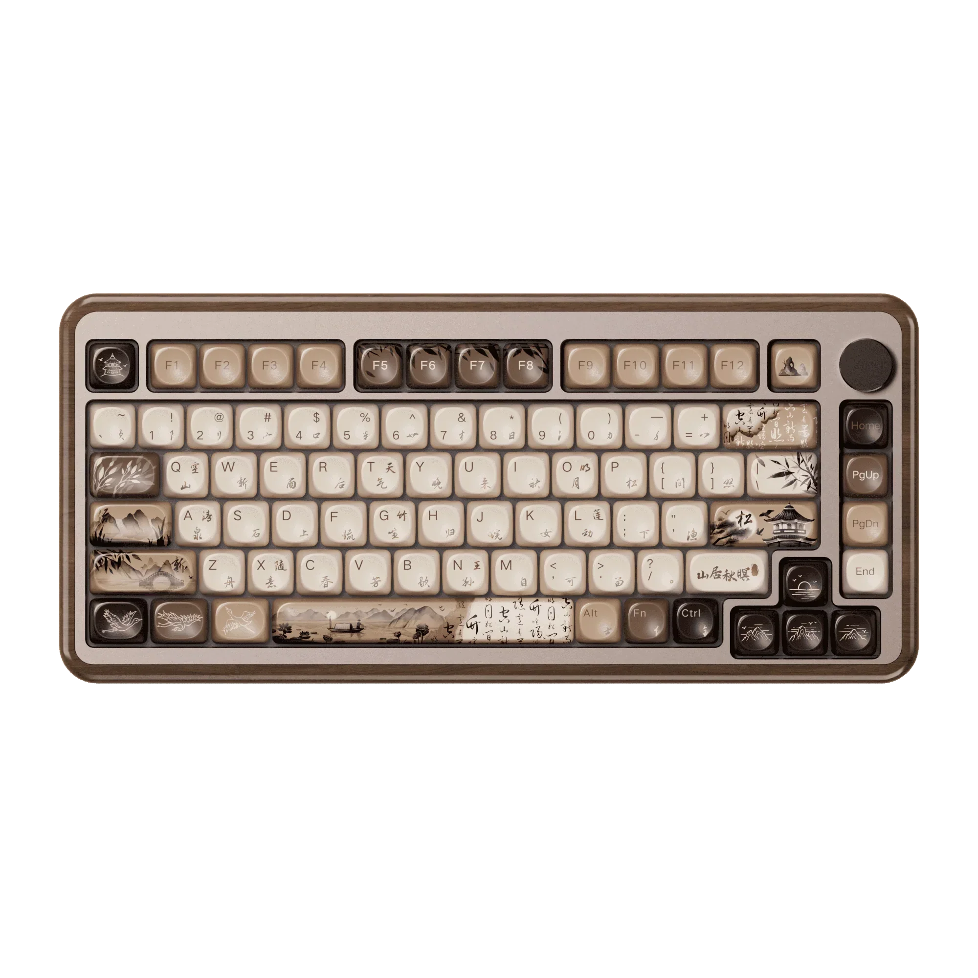 Mechaniczna klawiatura z artystycznymi keycapami w stylu azjatyckim, idealna do home office i personalizacji desk setupu.
