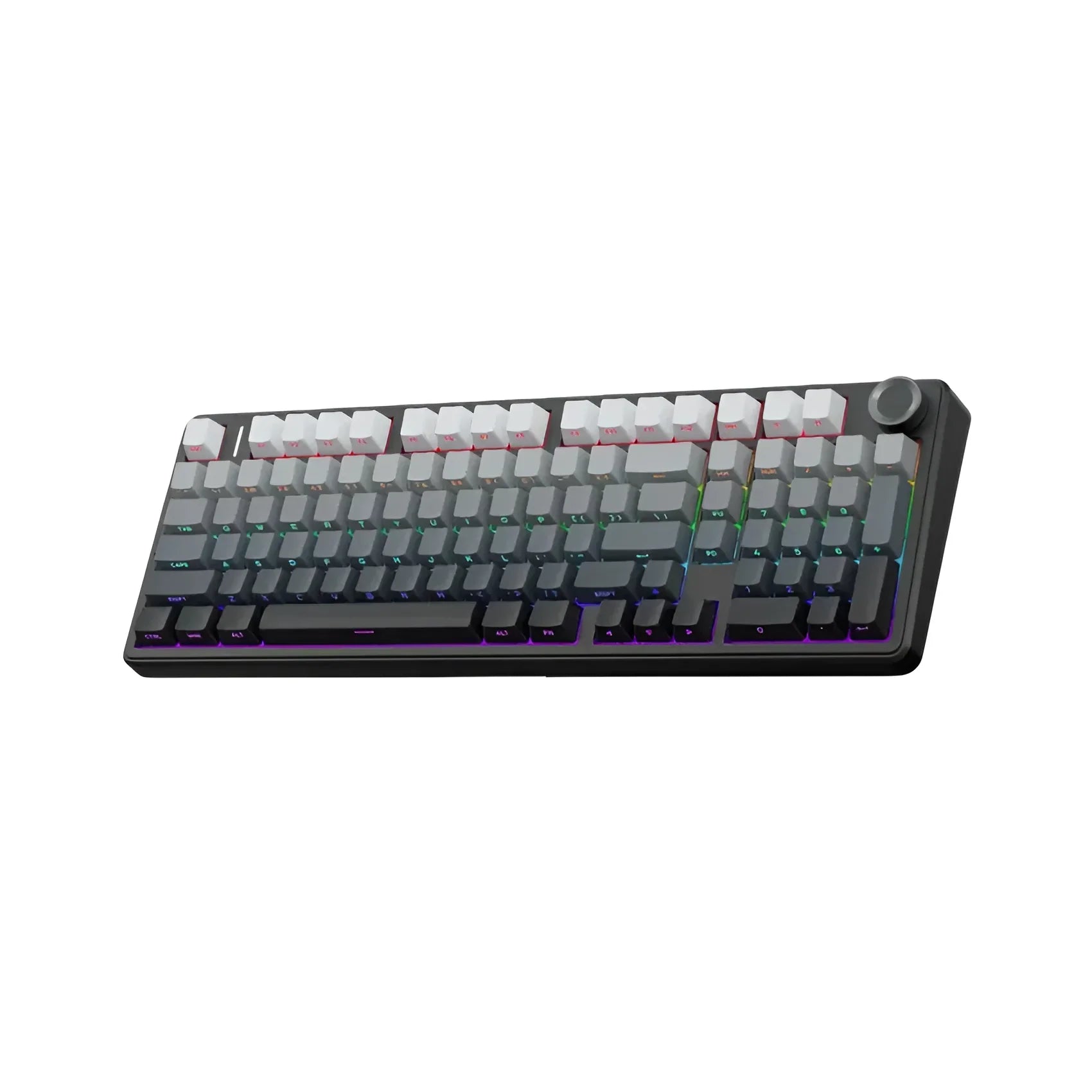 Mechaniczna klawiatura RGB z białymi i szarymi keycapami, idealna do home office i desk setupu
