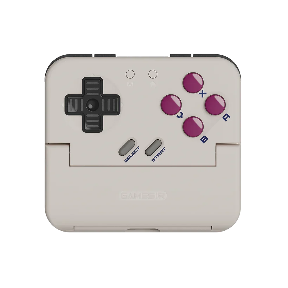 Biały gamepad z fioletowymi przyciskami i czarnym D-pad, idealny do gier retro i komfortowej rozgrywki.