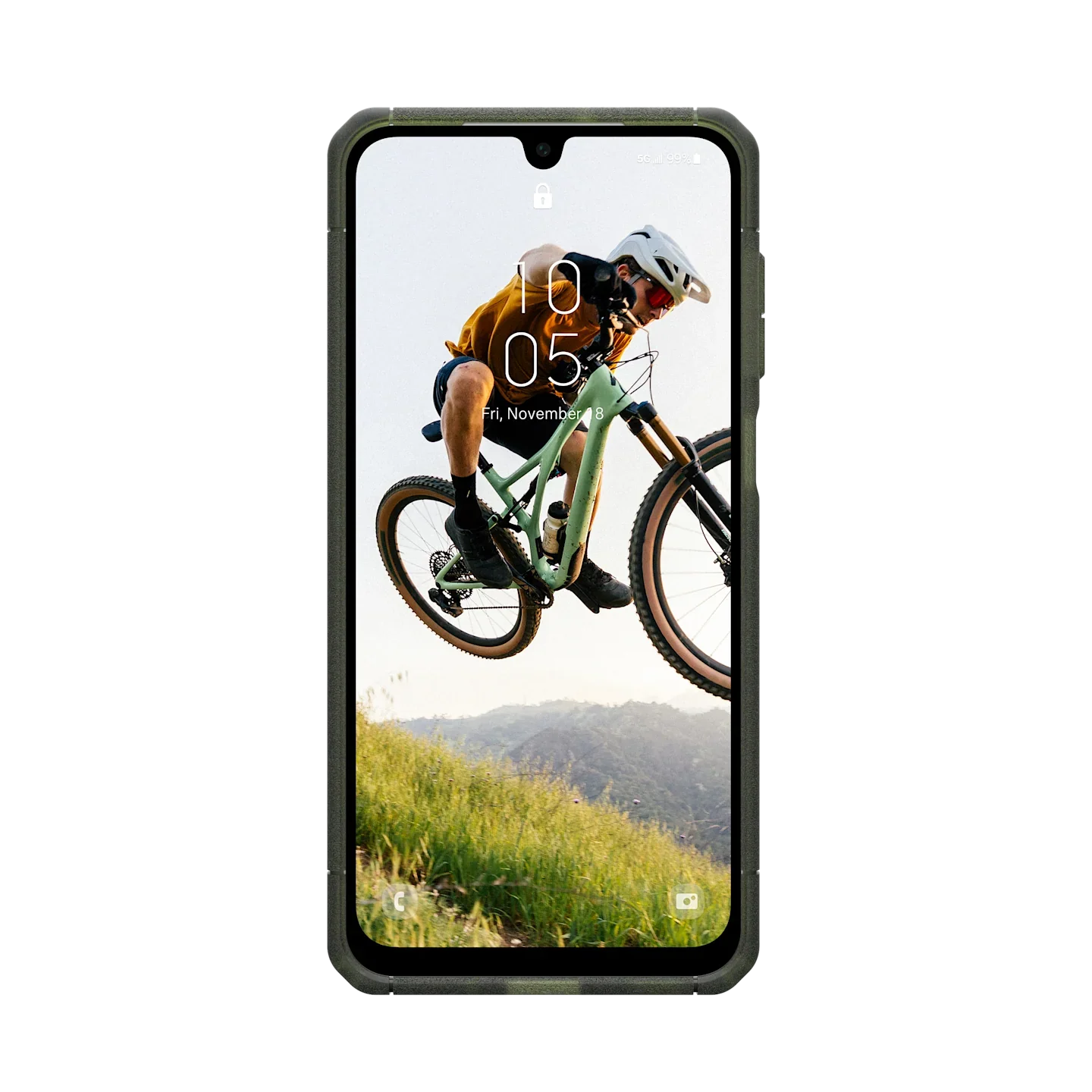 Zielony etui na telefon z motywem rowerzysty w akcji, idealne dla aktywnych użytkowników