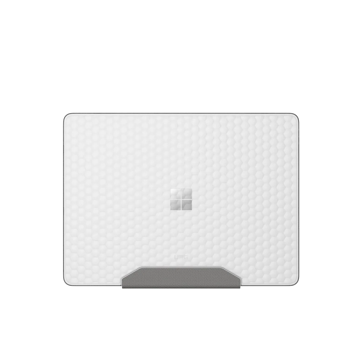 Biała mata pod laptopa z geometrycznym wzorem i podstawką, idealna do home office