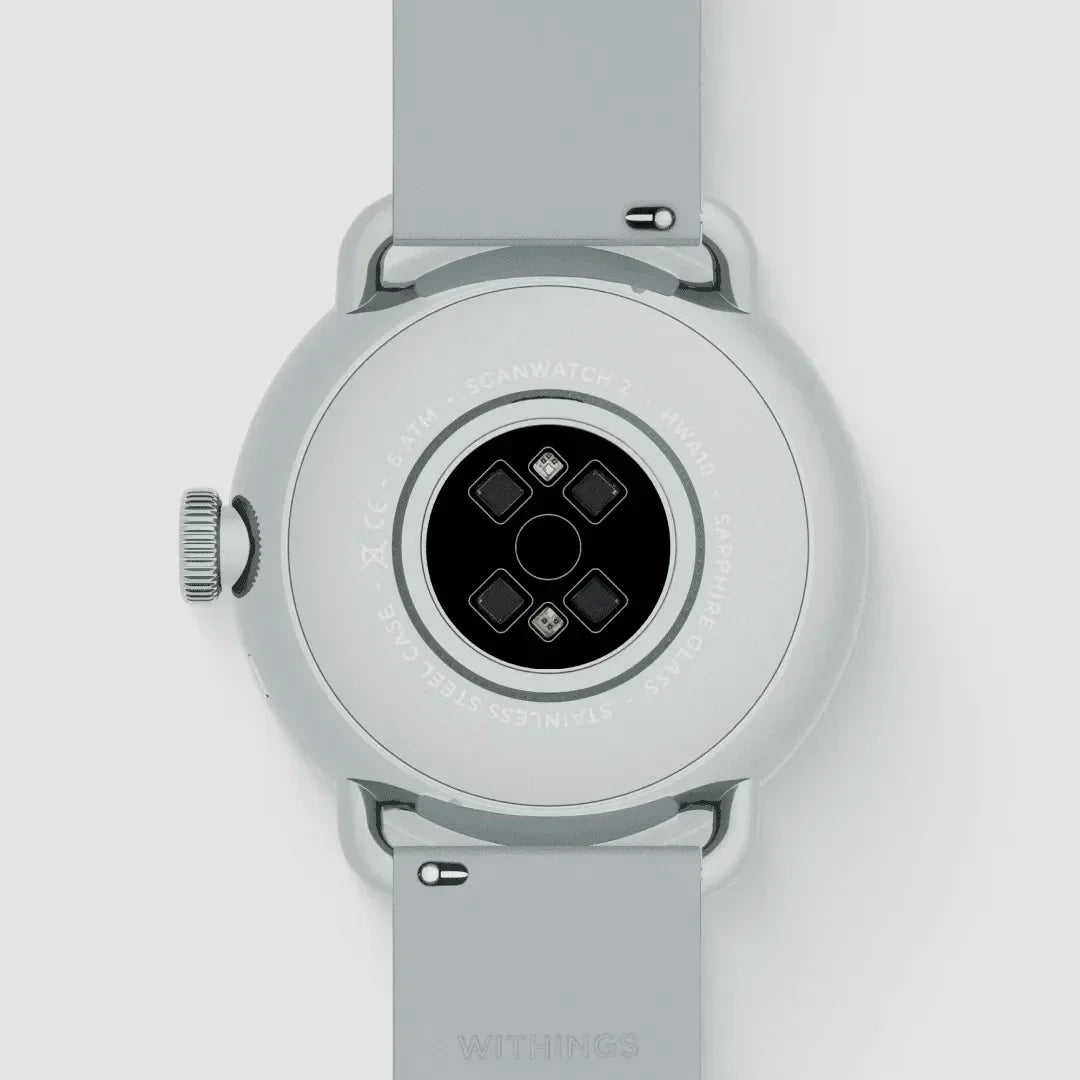 Zegarek Withings ScanWatch 2 z tyłu, stalowa obudowa i czujniki zdrowotne, idealny do home office