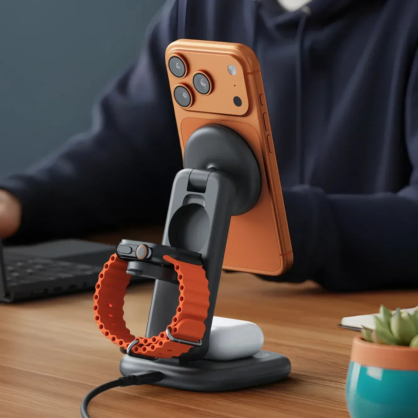 Stojak ładowarka 3w1 do telefonu, zegarka i słuchawek, idealny do home office i desk setupu