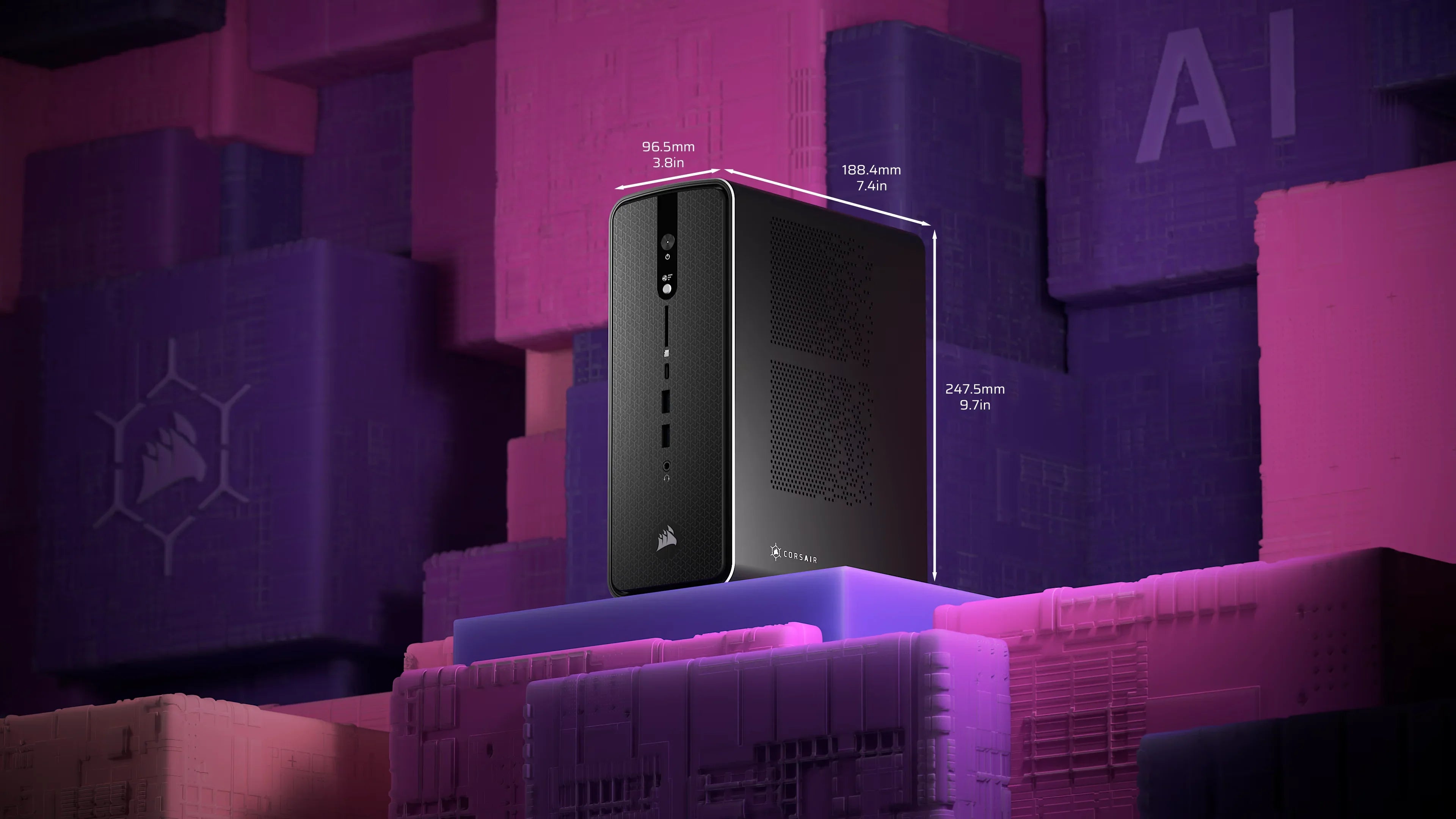 Czarna obudowa komputera Corsair z wymiarami, idealna do Home Office i gamingu