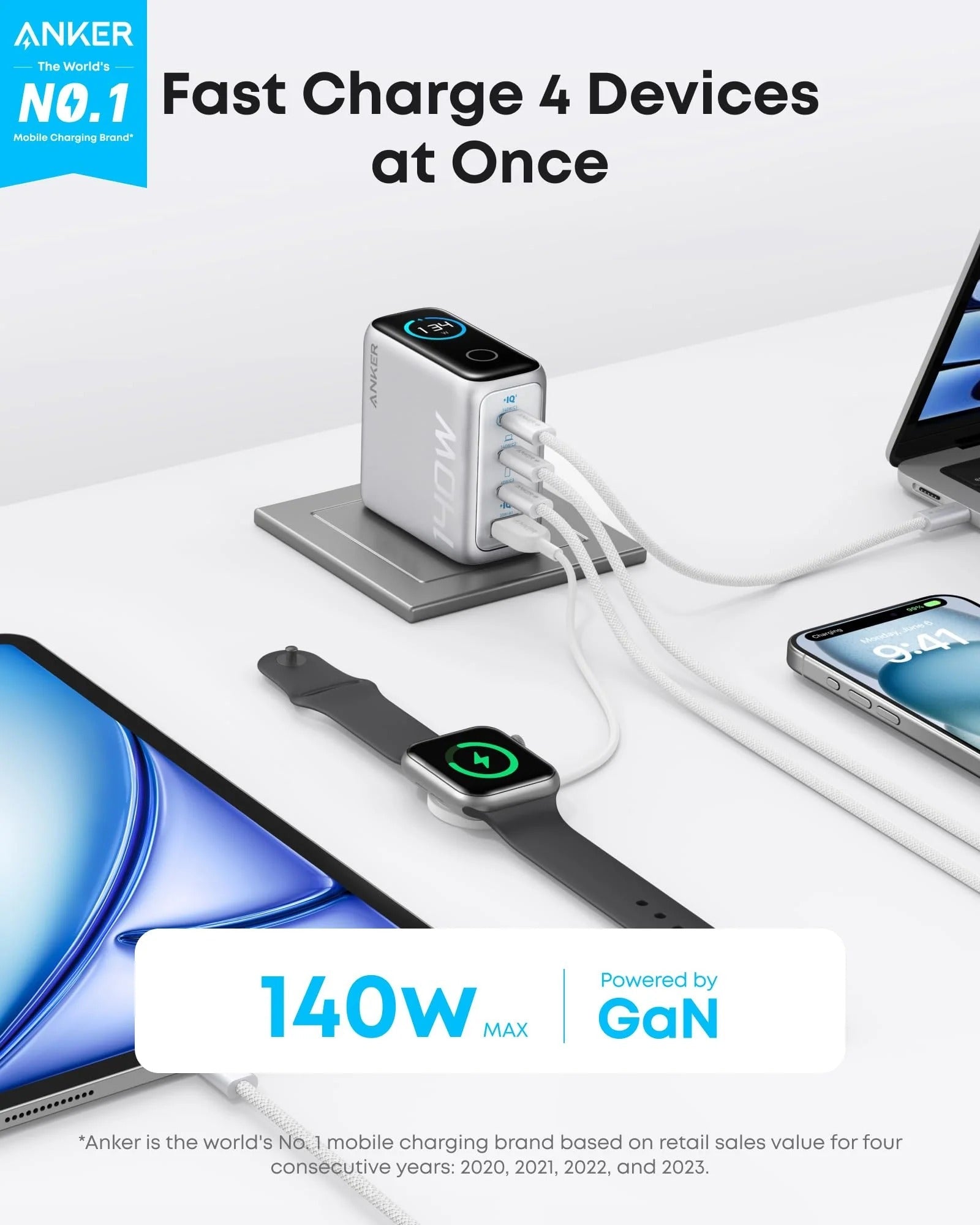Anker - Charger (140W, 4-Port, PD 3.1) with USB-C Cable - Ładowarka 140W z 4-portami
