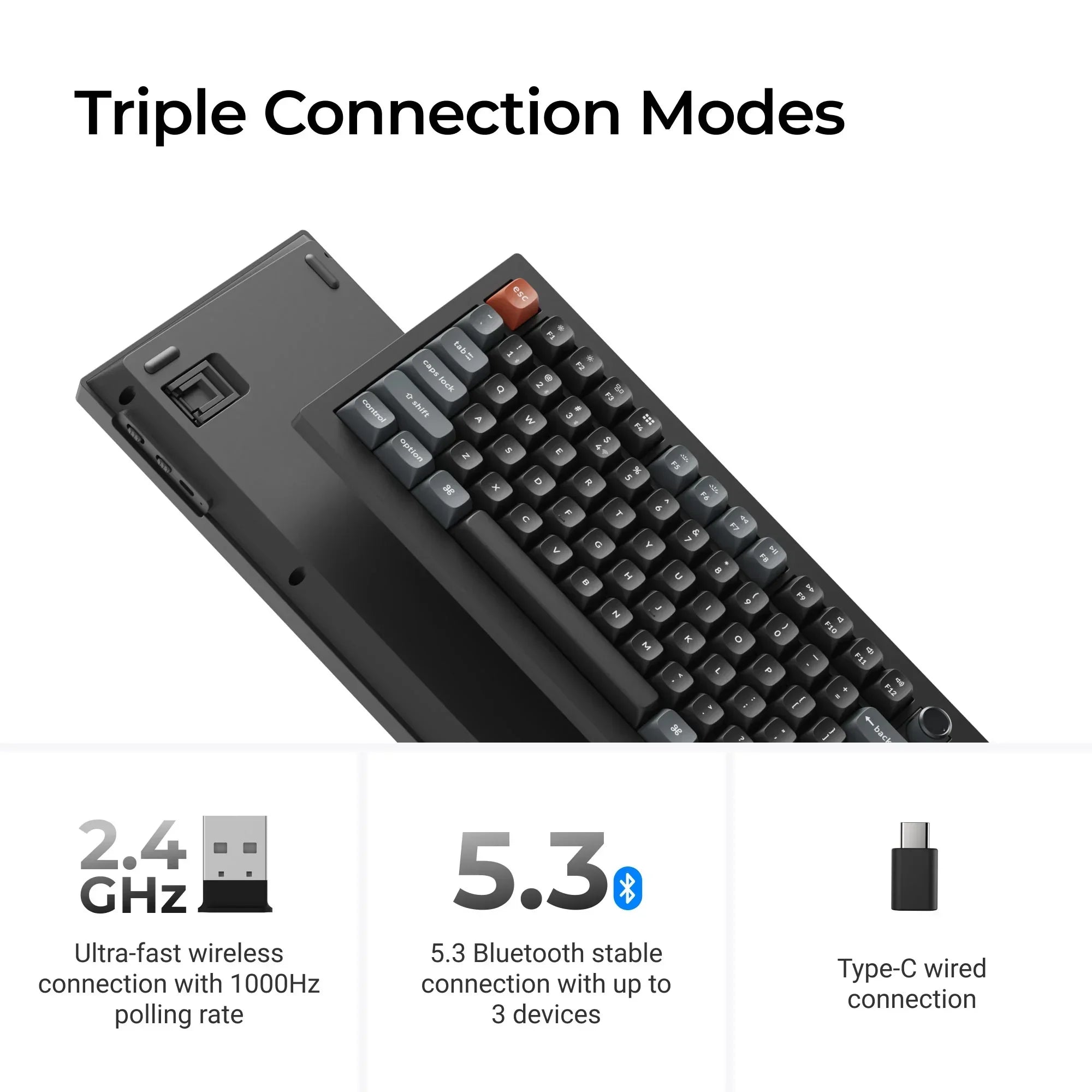 Mechaniczna klawiatura z trzema trybami połączenia: 2.4GHz, Bluetooth 5.3 i USB-C, idealna do home office