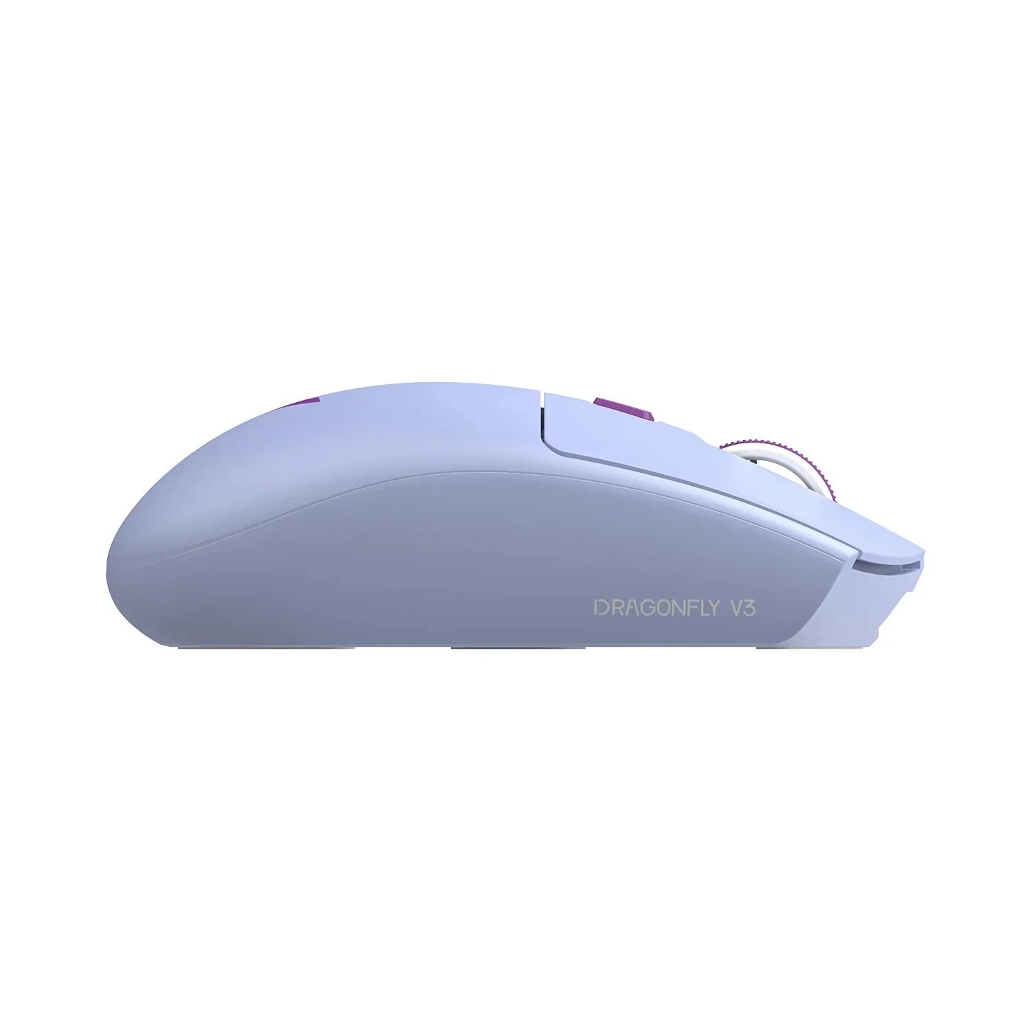 Biała mysz komputerowa Dragonfly V3 z fioletowymi akcentami, idealna do home office i desk setupu