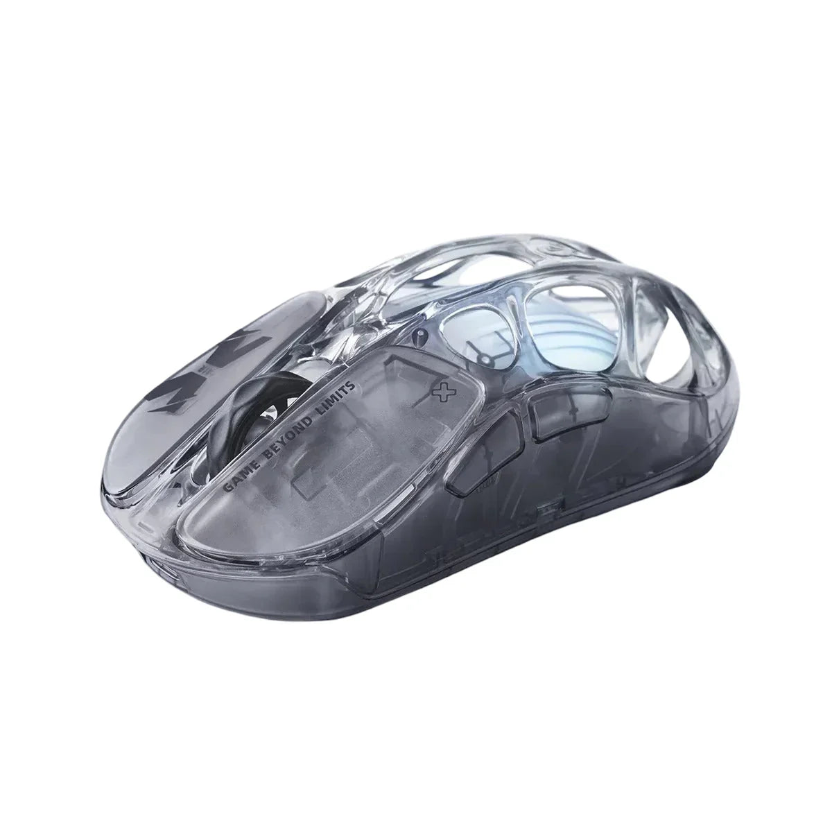 Przezroczysta mysz gamingowa z napisem Game Beyond Limits, idealna do home office i desk setupu