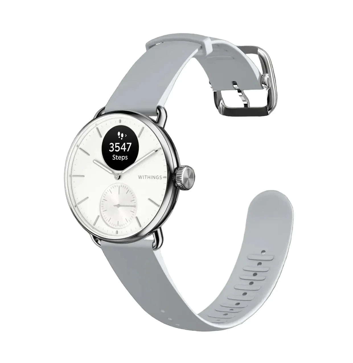 Zegarek Withings z białą tarczą i szarym paskiem, wyświetlający licznik kroków dla aktywnego stylu życia