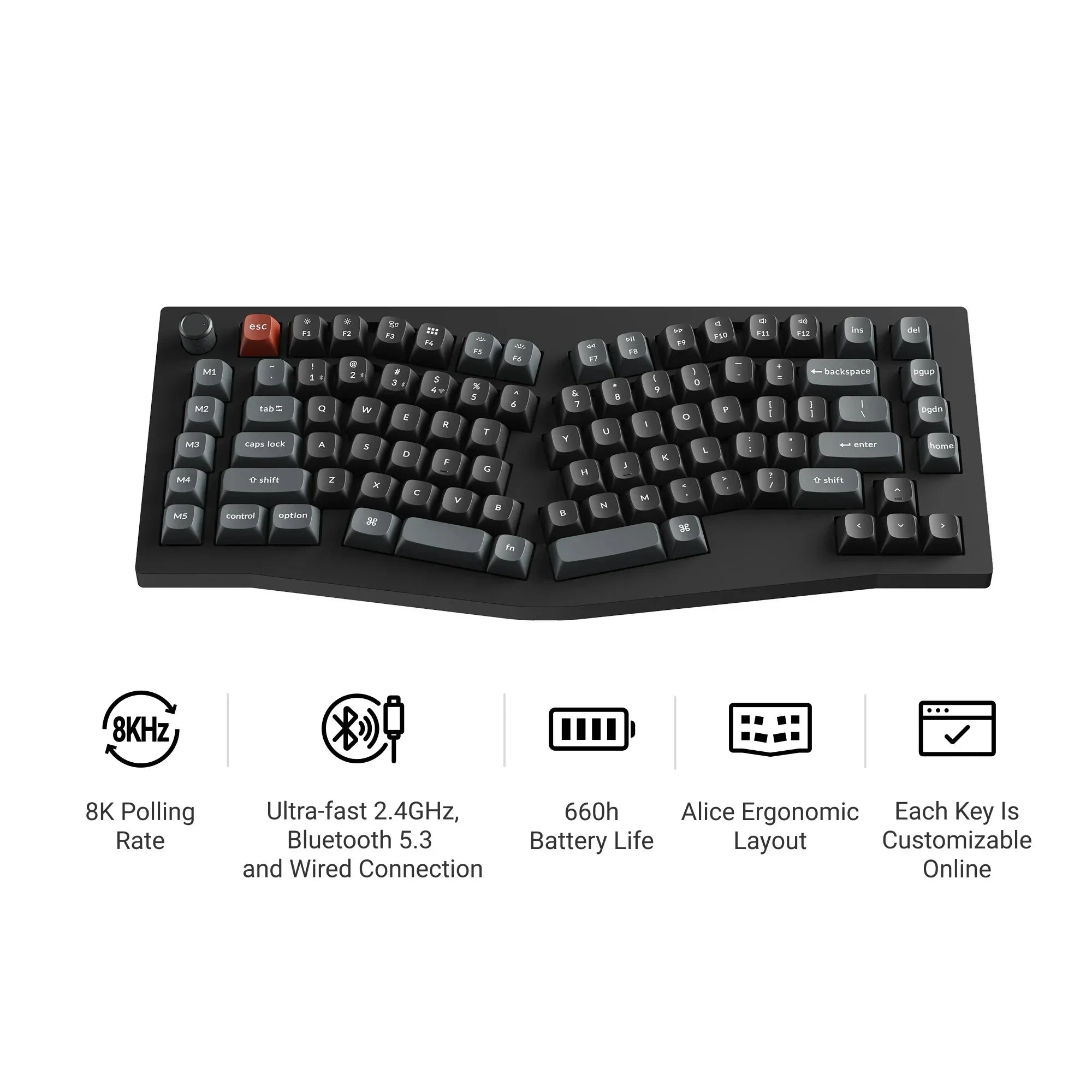 Ergonomiczna klawiatura mechaniczna Alice z 8K polling, Bluetooth 5.3 i 660h autonomią, personalizowalna online