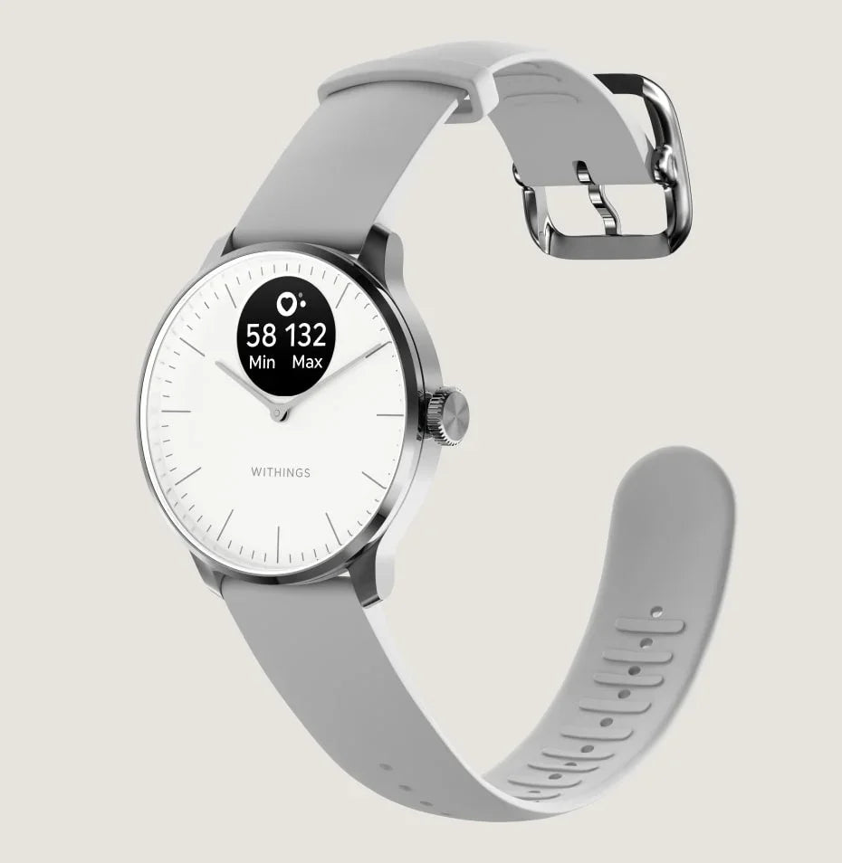 Zegarek Withings z białą tarczą i szarym paskiem, wyświetlacz aktywności
