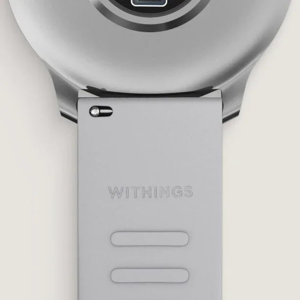 Szary pasek z logo Withings do inteligentnego zegarka, idealny dla home office