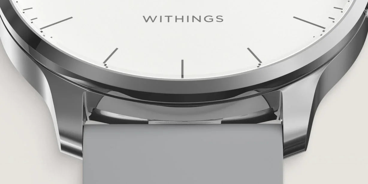 Zegarek Withings z białą tarczą i szarym paskiem, elegancki design do biura i codziennego użytku