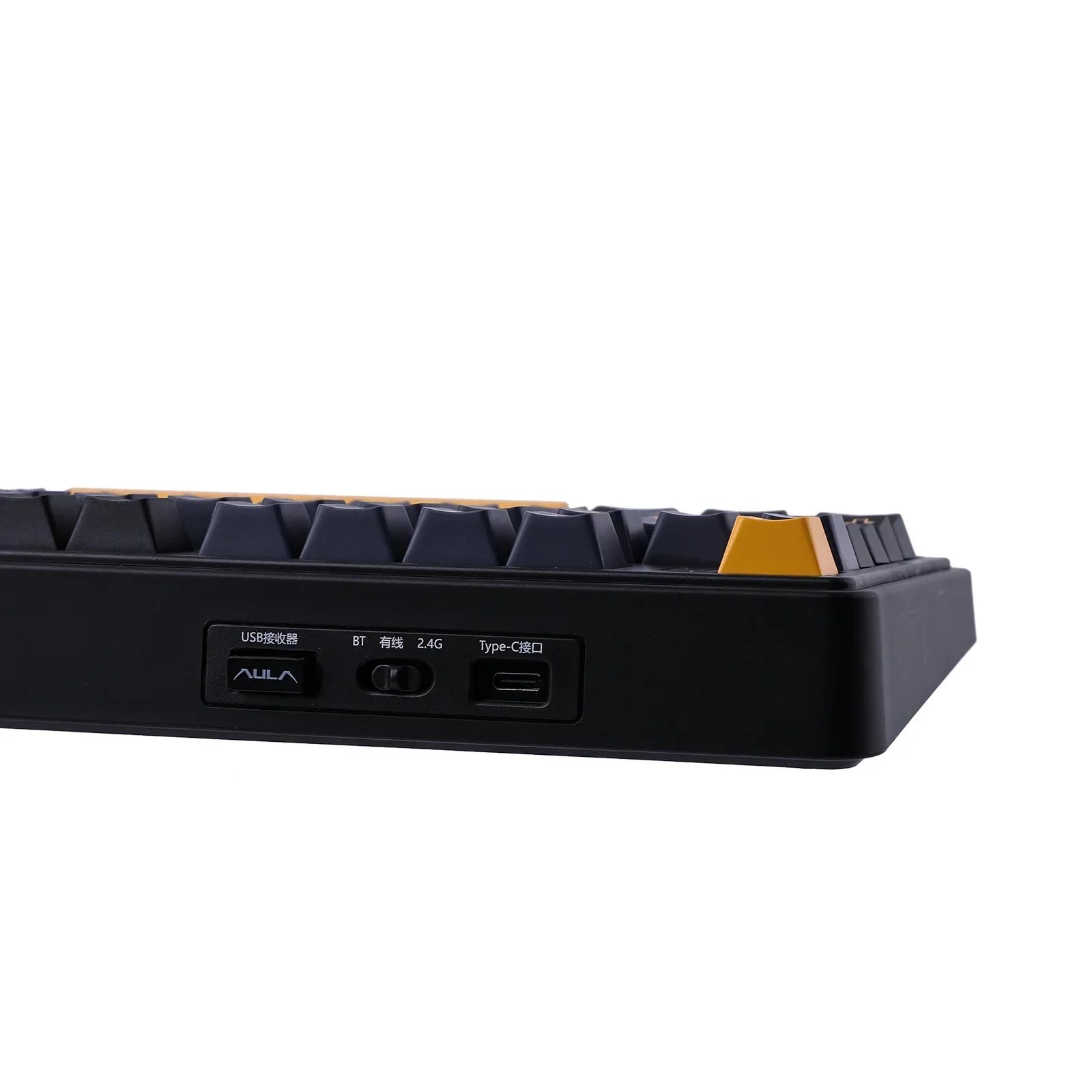 Mechaniczna klawiatura z żółtymi keycapami, portem USB, BT i Type-C, idealna do home office