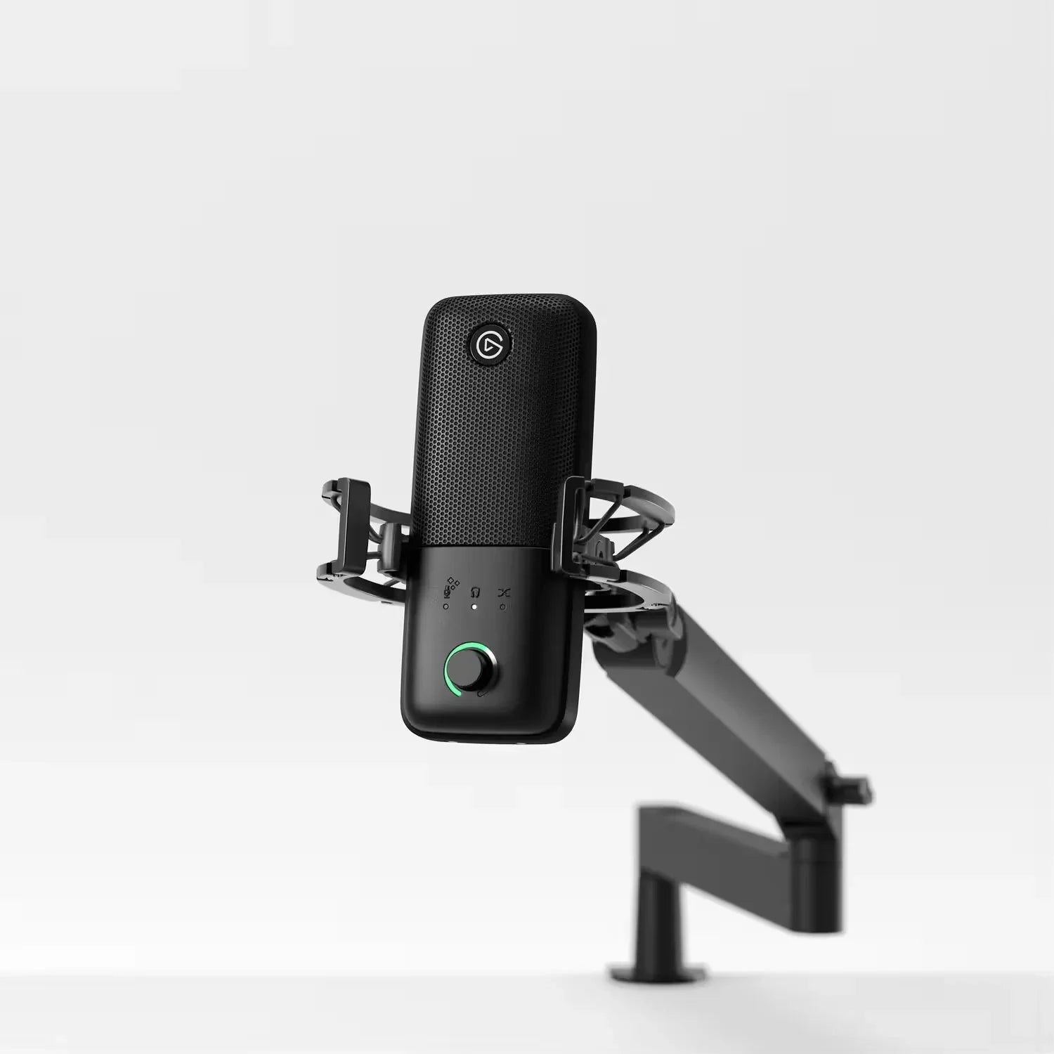 Czarny mikrofon studyjny na statywie z zielonym podświetleniem, idealny do Home Office i streamingu