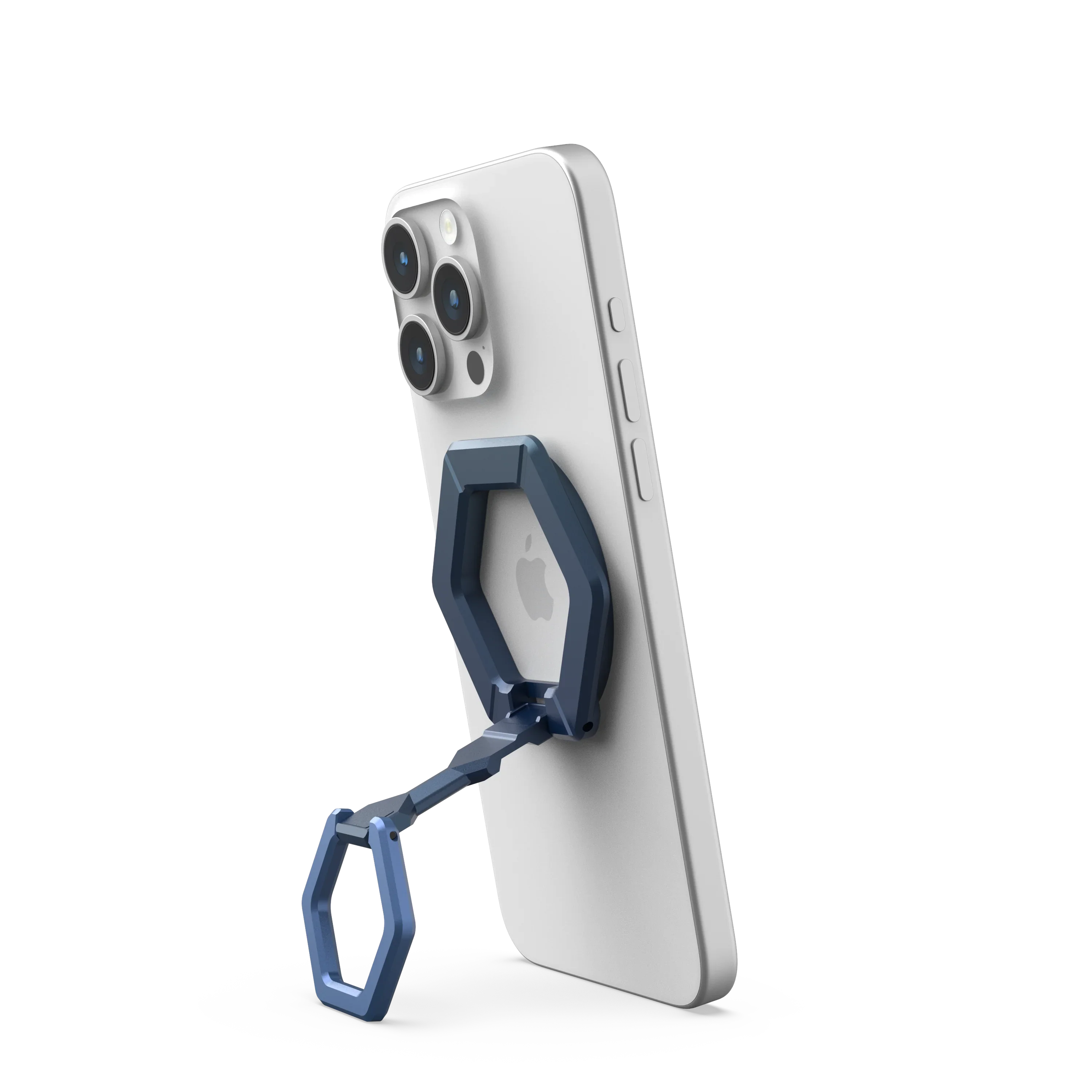 Niebieski uchwyt na telefon z geometrycznym designem do iPhone'a, idealny do biurka i Home Office