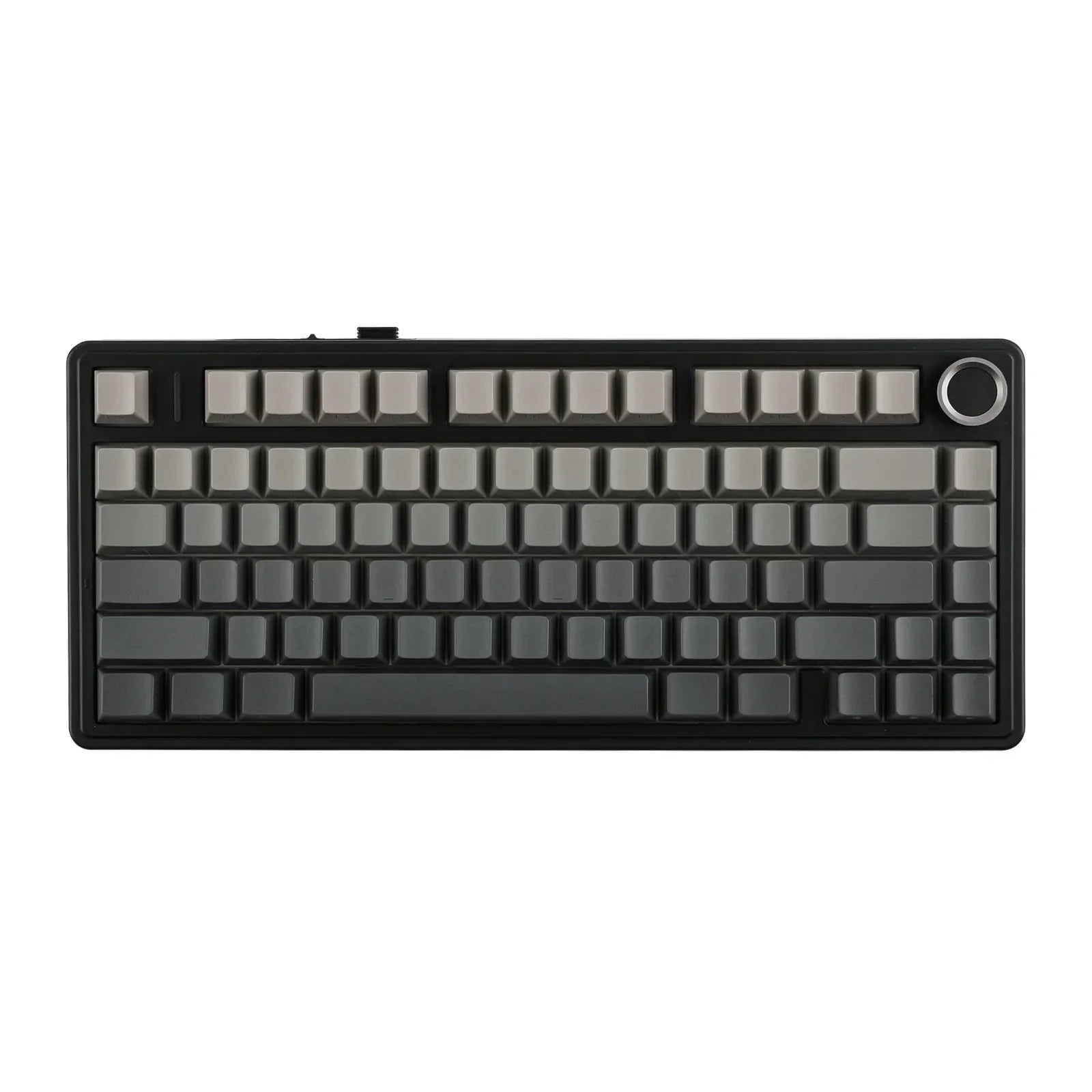 Mechaniczna klawiatura z szarymi keycapami i przyciskiem sterowania, idealna do home office