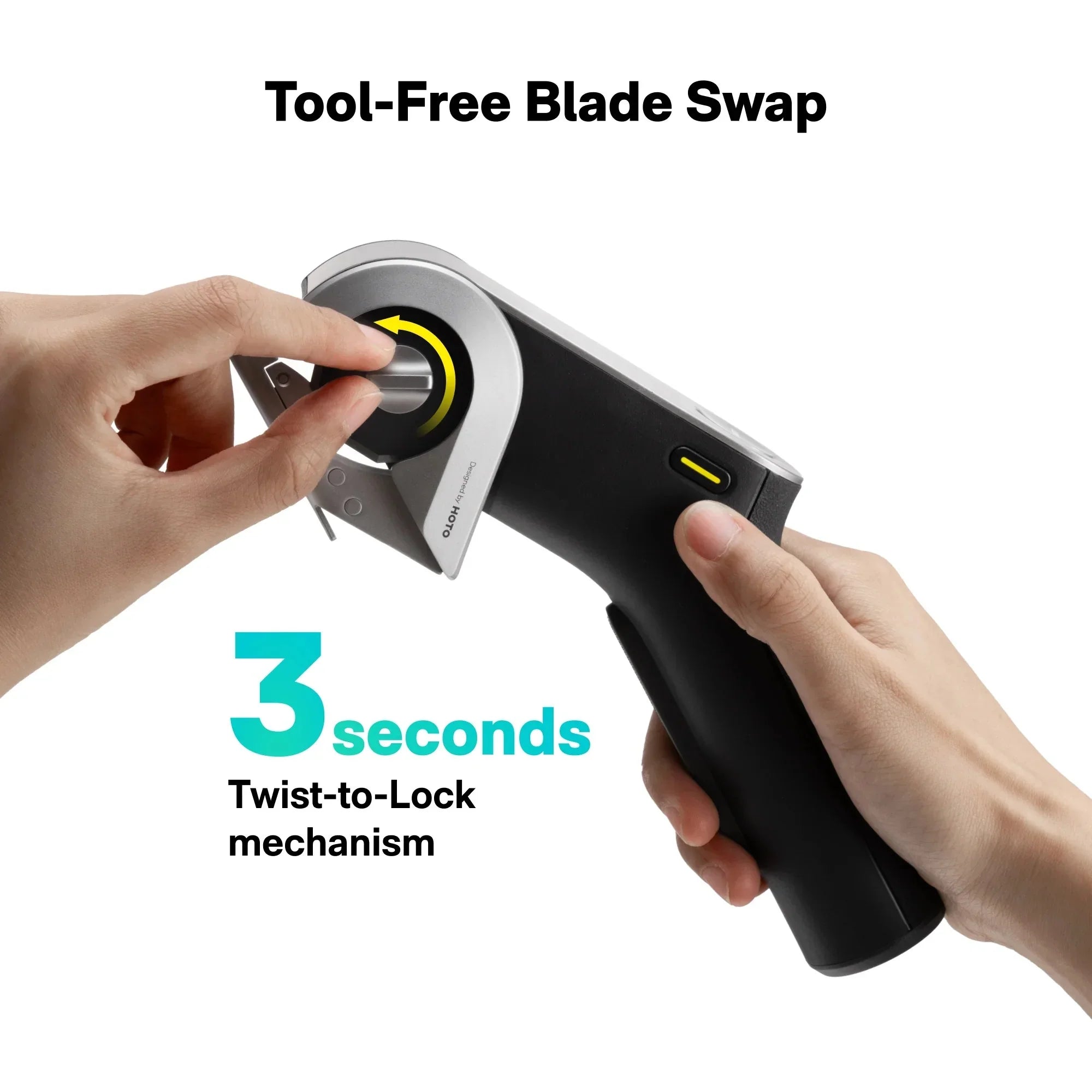 Zmiana ostrza nożyca bez narzędzi w 3 sekundy, mechanizm Twist-to-Lock