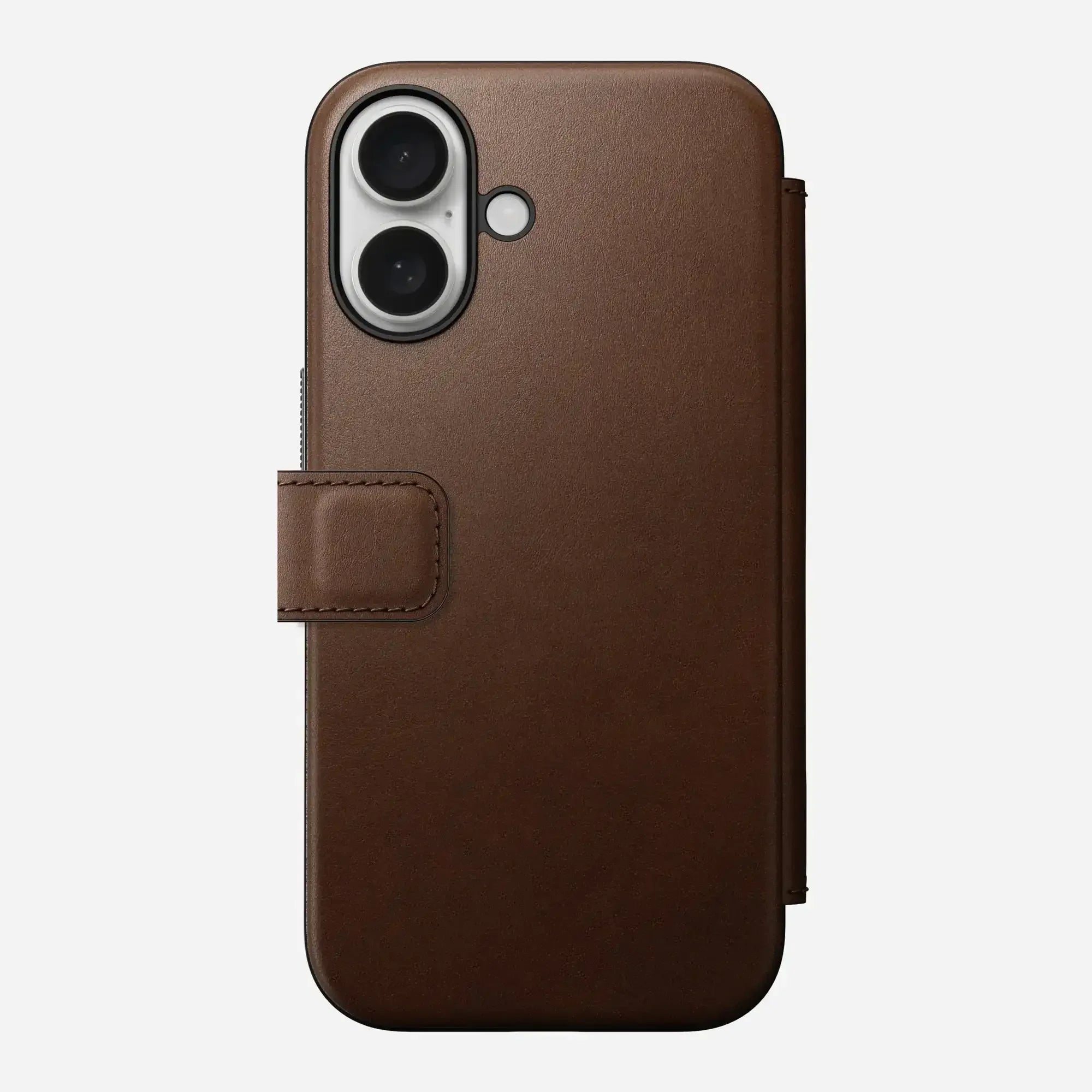 Brązowe etui skórzane do iPhone z klapką, widok na aparat, akcesoria biurowe