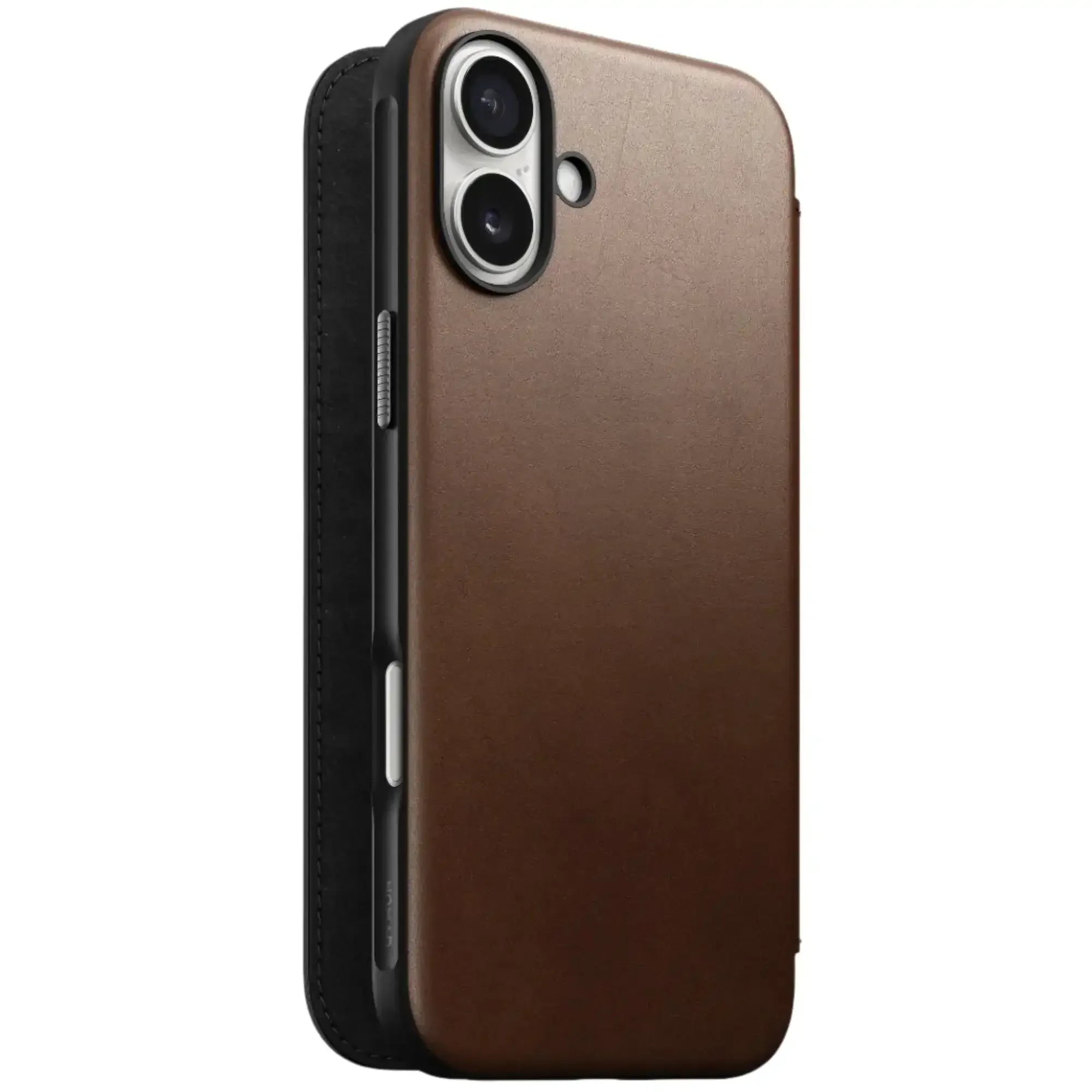 Brązowe etui na iPhone 16 Plus z widoczną podwójną kamerą, stylowy dodatek do smartfona