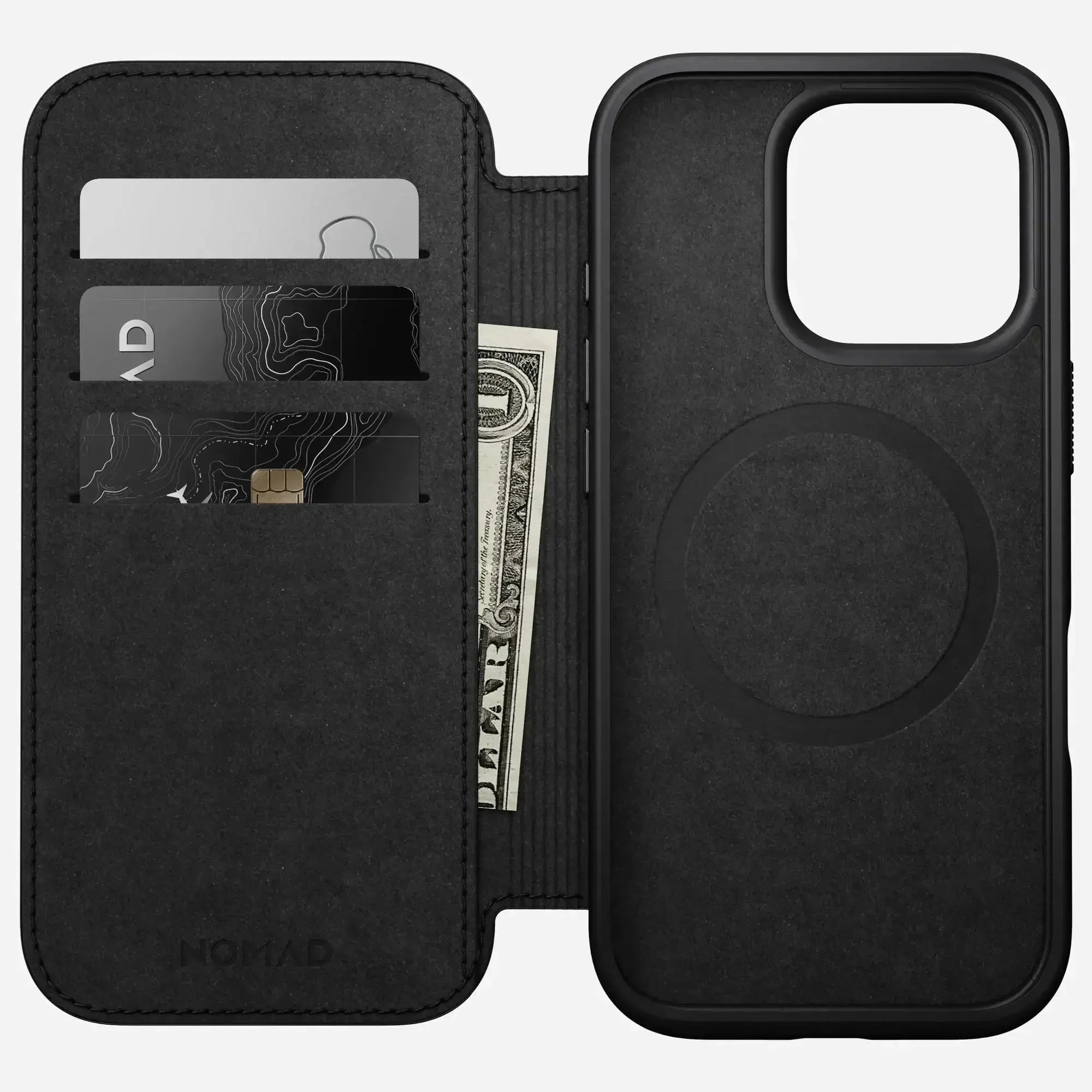 Czarne etui do iPhone z miejscem na karty i pieniądze, idealne do home office.