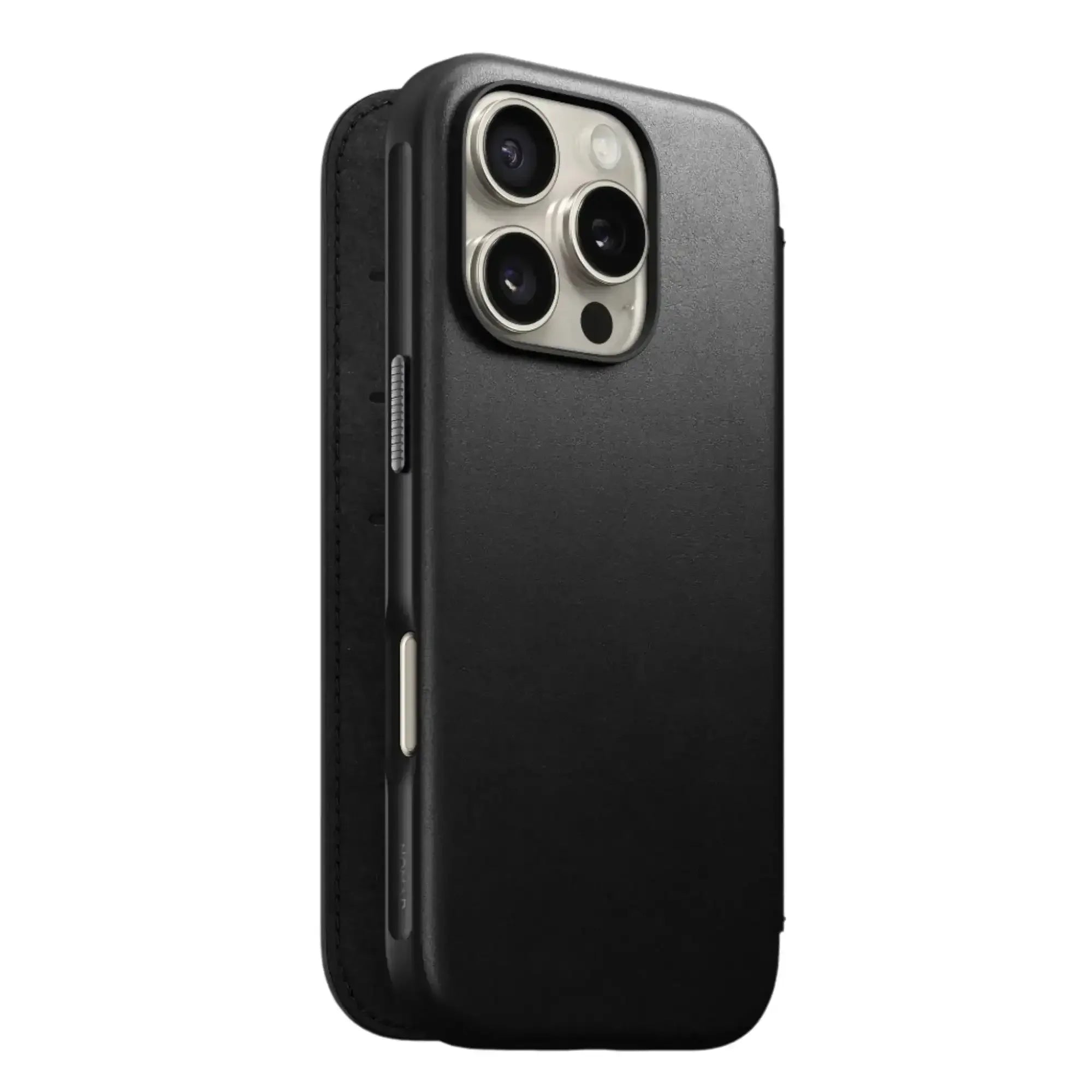 Czarny skórzany etui na iPhone z widoczną trzema obiektywami aparatu, akcesoria biurowe.