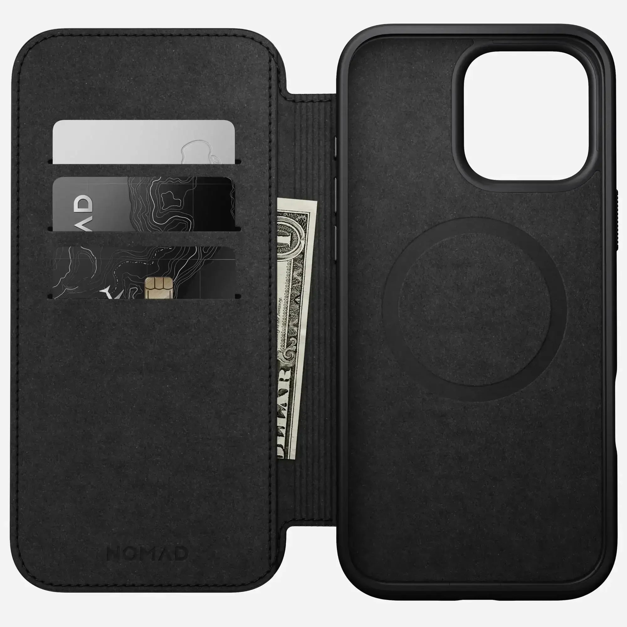 Czarny etui do iPhone z miejscem na karty i gotówkę, magnetyczne zamknięcie