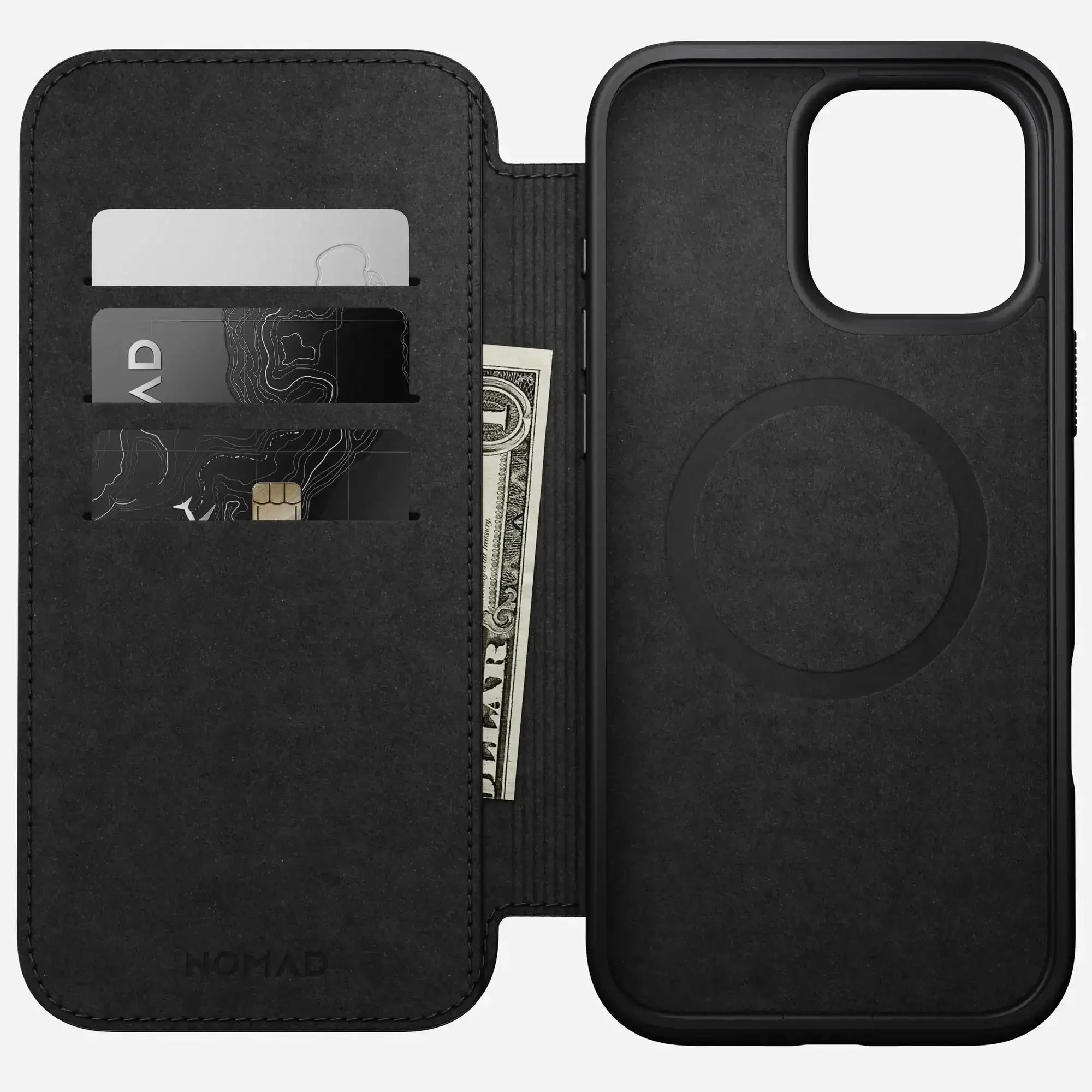 Czarny etui na iPhone z miejscem na karty i gotówkę, wygodne akcesorium do biura.